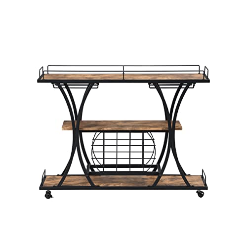 DAVEBELLA Industrial Black Bar Cart with Wine Rack & Glass Holder - Mobile Serving Cart for Home Bar, Kitchen, Party, and Outdoor Entertaining