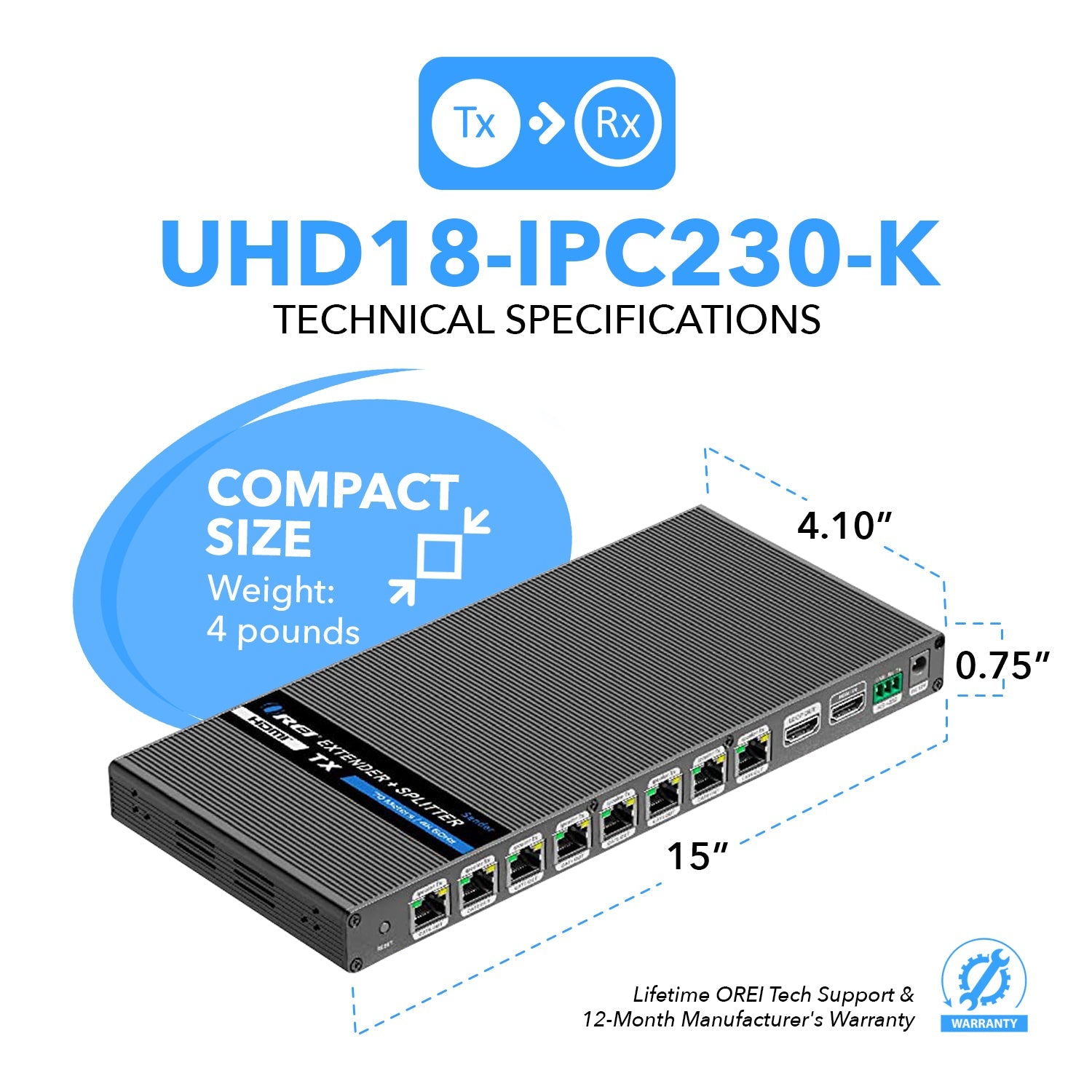 1x8 4K HDMI Extender Splitter Over Single CAT6/7 Cable - 230ft Range, 18Gbps Bandwidth with Bi-Directional IR & RS-232 Control - Ideal for Home Theater, Conference Rooms and Digital Signage (UHD18 IPC230 K)