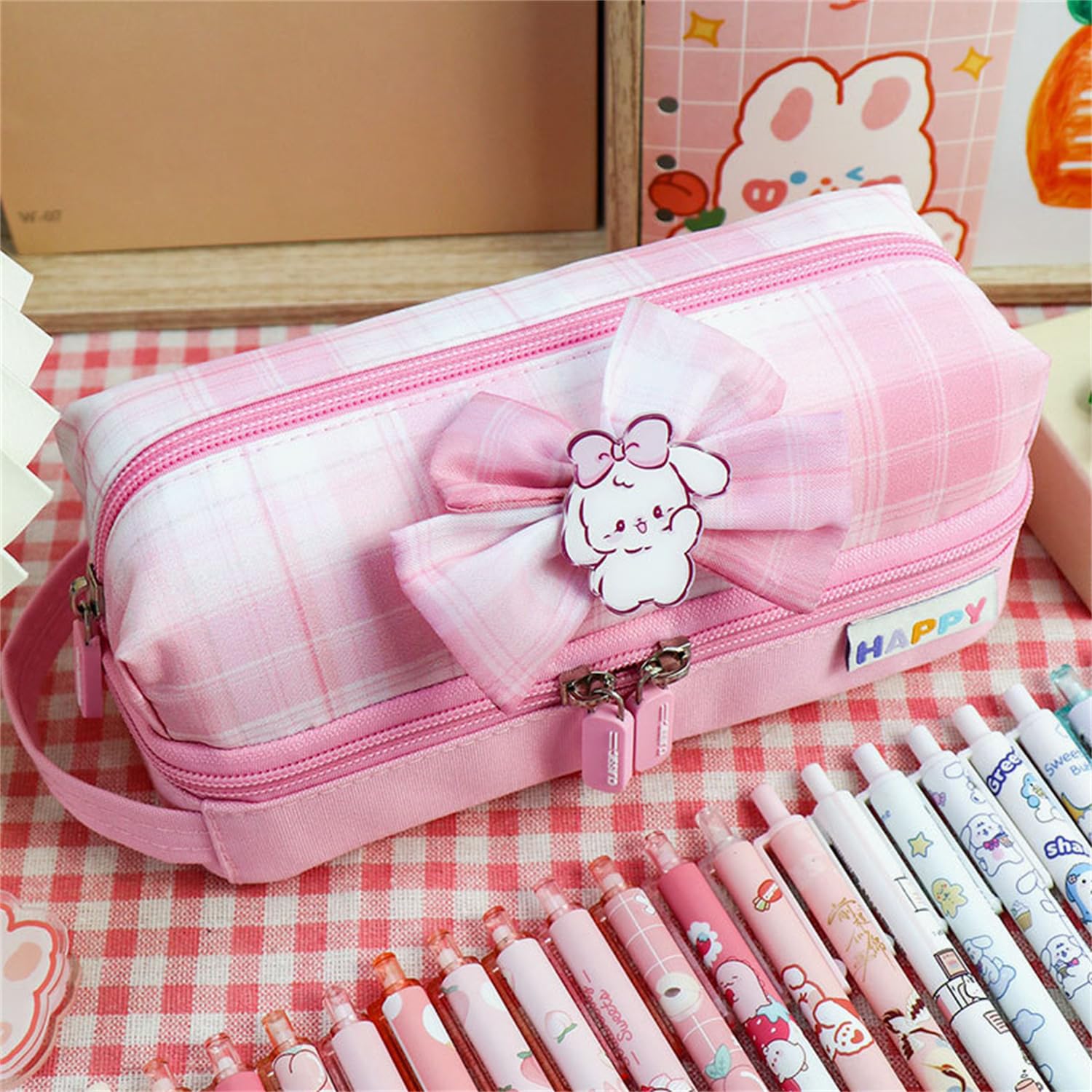 Colorful Large Capacity 2-Layer Oxford Pencil Case - Pink, Purple, Blue Bow Design School Stationery Organizer (21.5 x 8 x 8.5cm) for Students, Office & Art Supplies Storage