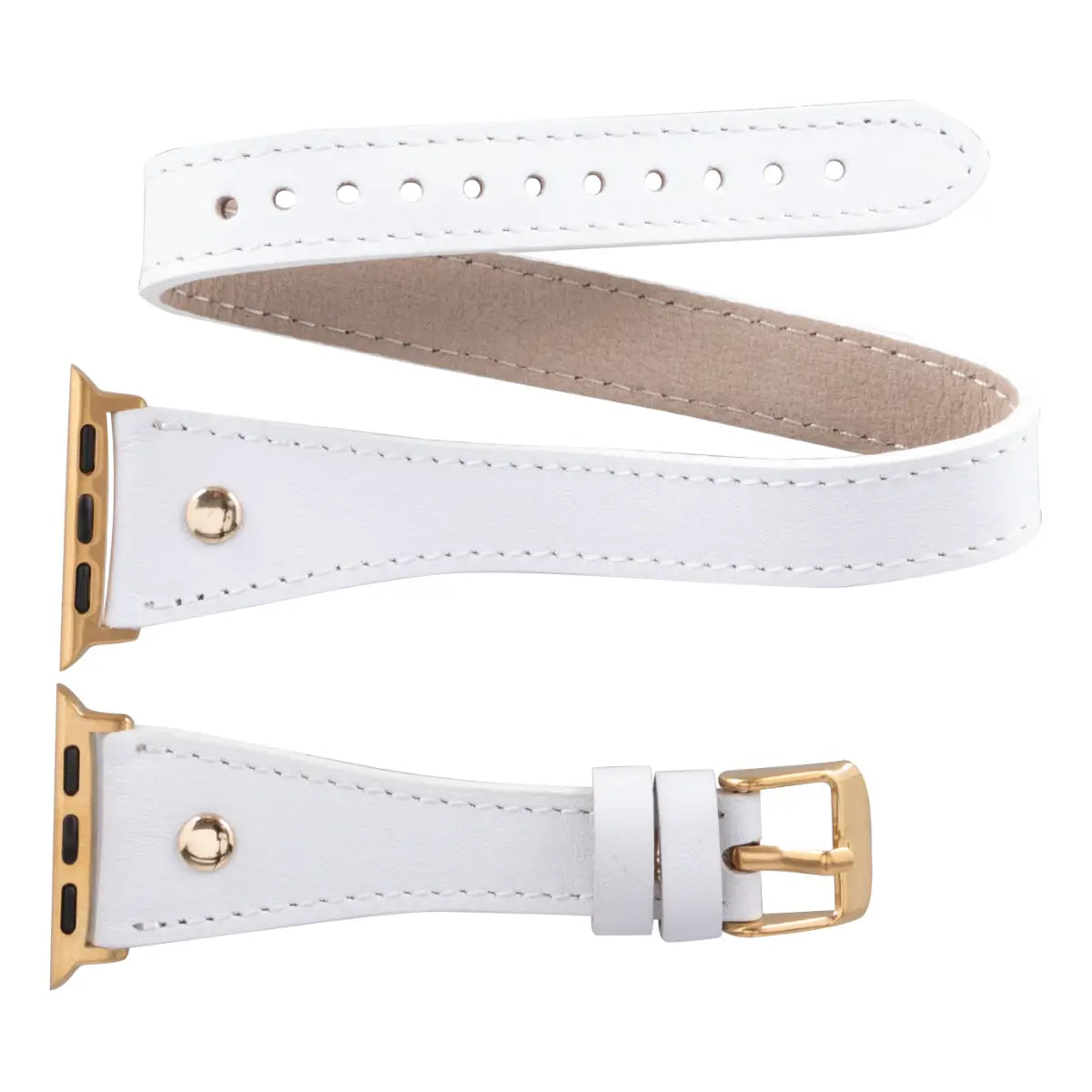 Slim White Leather Double Tour Apple Watch Band with Gold Rivet - Elegant & Durable Strap for Work, Fitness & Everyday Wear