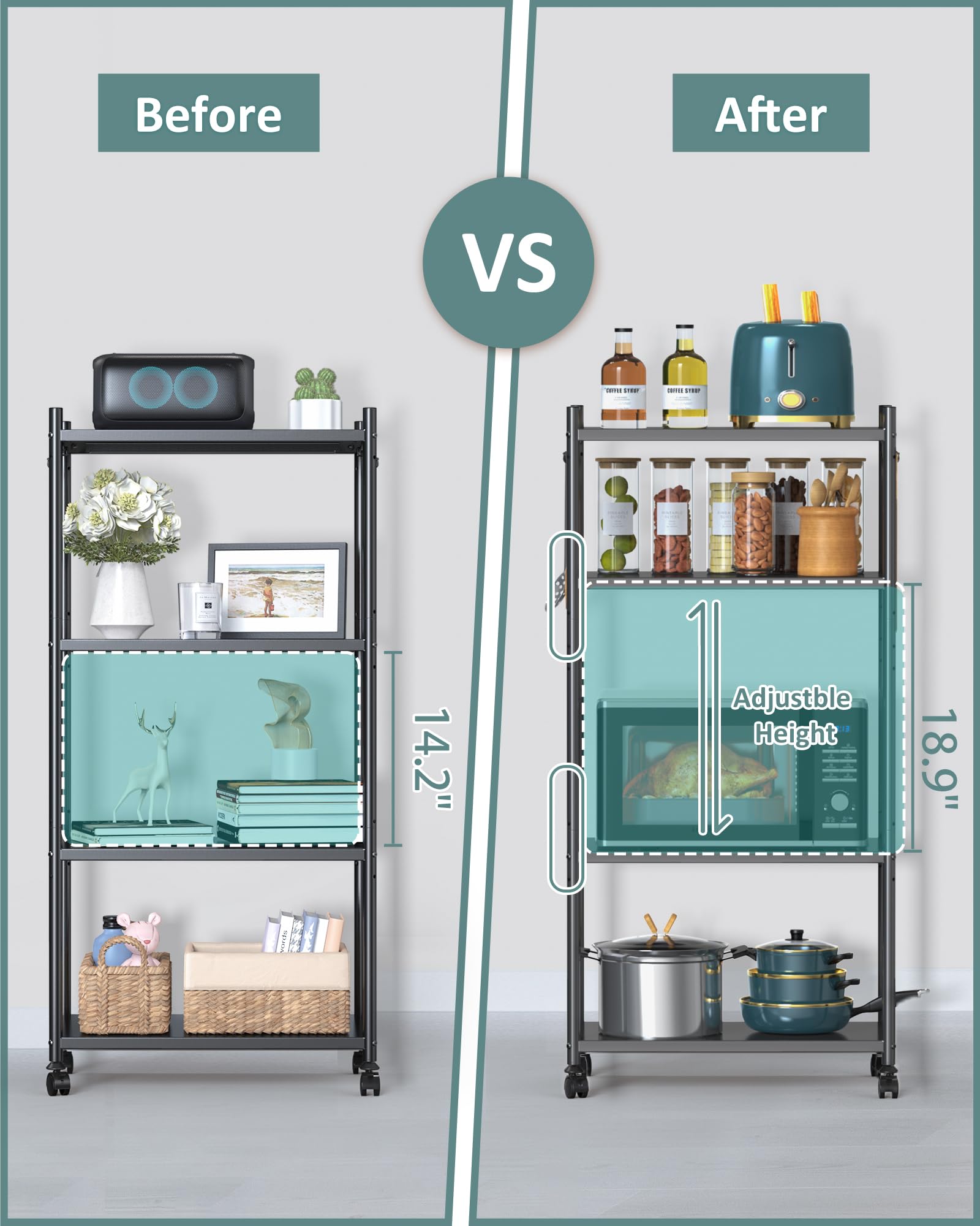 4-Tier Adjustable Height Microwave Stand with Storage - Industrial Kitchen Bakers Rack on Lockable Wheels (47.2