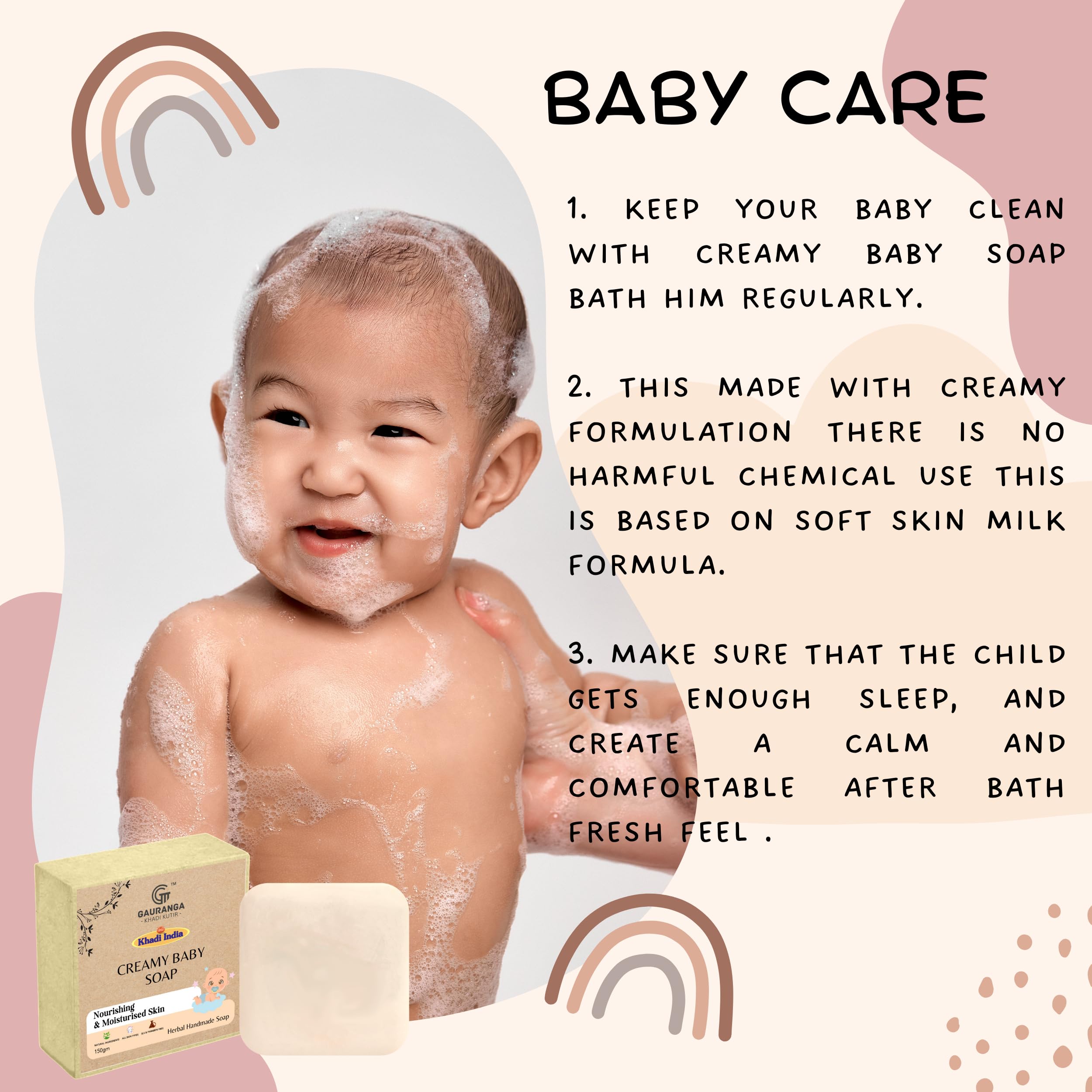 Gauranga Khadi Baby Soap 150g - Organic Handmade Gentle Soap for Newborns & Sensitive Skin | Natural Moisturizing Bath Bar with Herbal Ingredients | Hypoallergenic, Chemical-Free | Perfect for Daily Baby Care & Bath Time Routine