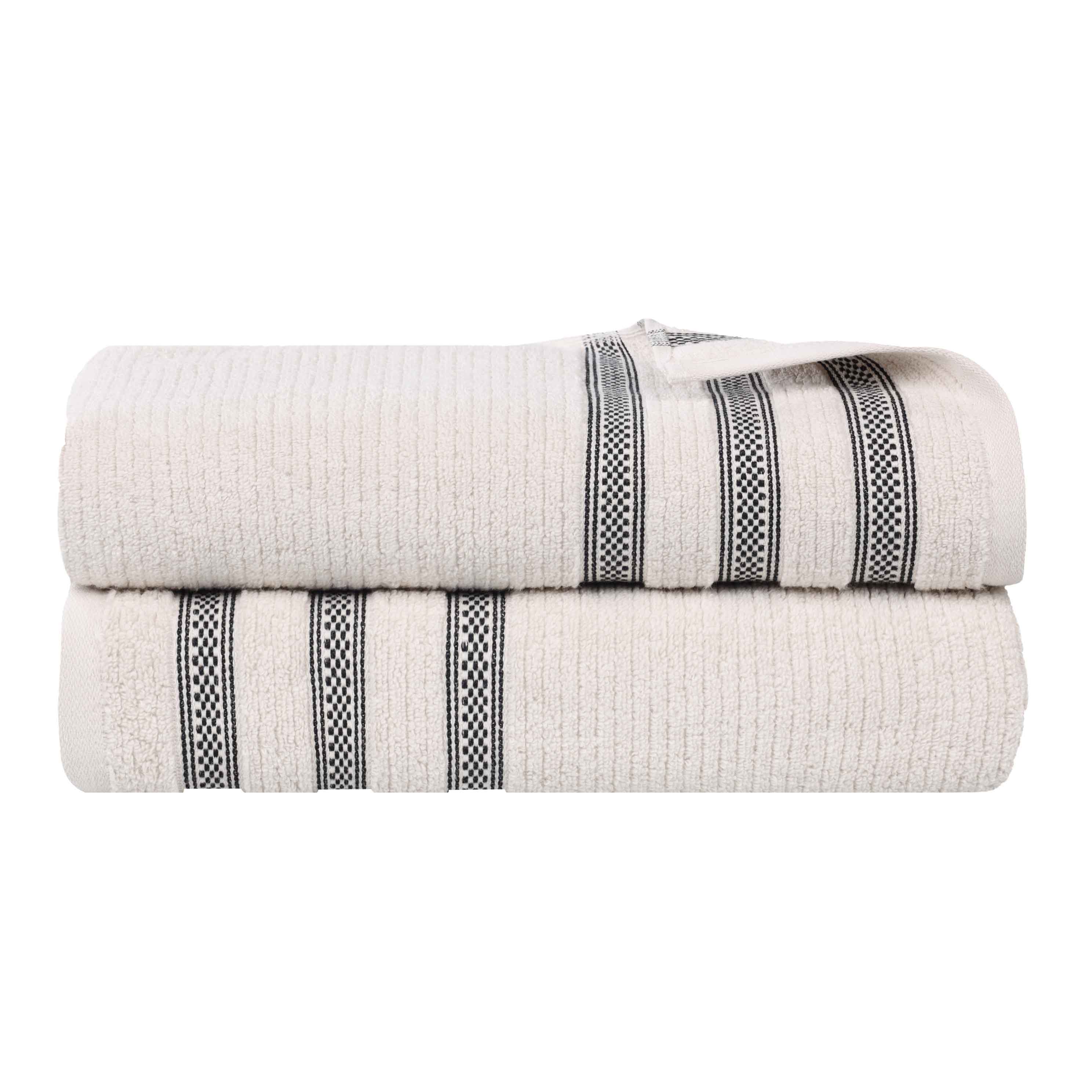 Premium Zero Twist Cotton Ribbed Geometric Border Plush Bath Sheet Set of 2 - Ultra Soft & Absorbent Luxury Towels for Spa, Bathroom & Beach Use