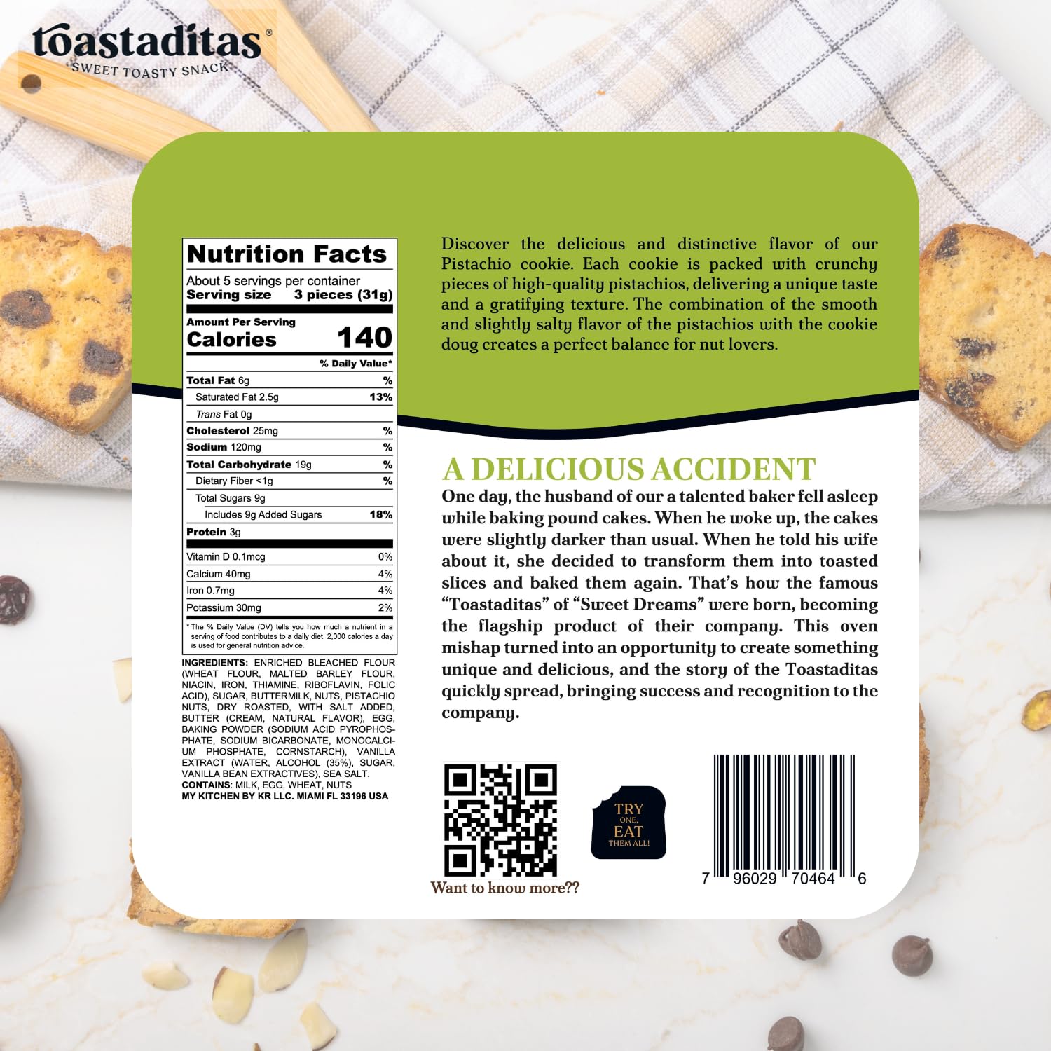 Toastaditas Pistachio Toasted Cookies - Natural Ingredients, No Artificial Flavors | Healthy Snack for Kids & Adults | Perfect with Coffee or Tea | 6 oz Pack | Great for Office, Travel & Gift Giving