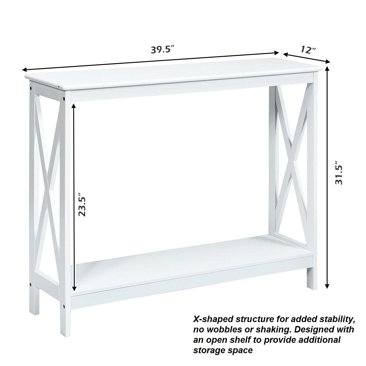White X-Shaped 2-Tier Entryway Console Table - Modern Hallway Sofa Side Table with Bookshelf, Perfect for Displaying Books, Photo Frames, Toys & Plants | Ideal for Phone Chargers, Remotes & Keys | Living Room, Bedroom, Office Decor