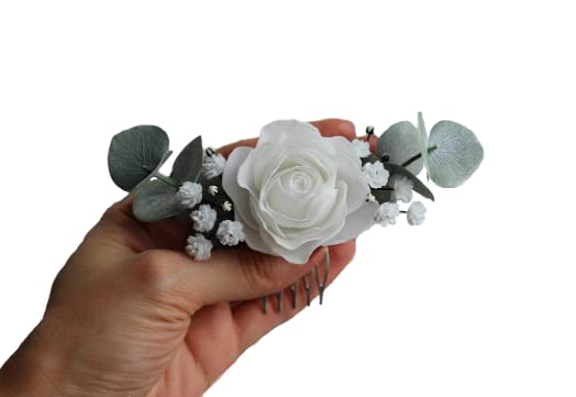 Baby's Breath Rose Eucalyptus Wedding Hair Comb - Bridal Hair Accessory for Weddings, Boho Bridal Hairpiece, Greenery Hair Pins - Perfect for Boho Weddings, Beach Ceremonies & Bridal Showers