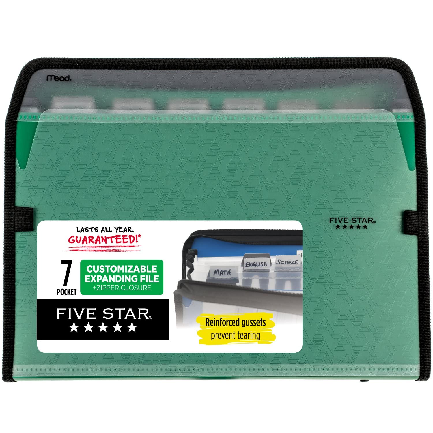 7-Pocket Expanding File Organizer with Zipper Closure - Plastic Expandable Folder with Customizable Tabs & Clear Cover - Holds Letter Size 8.5