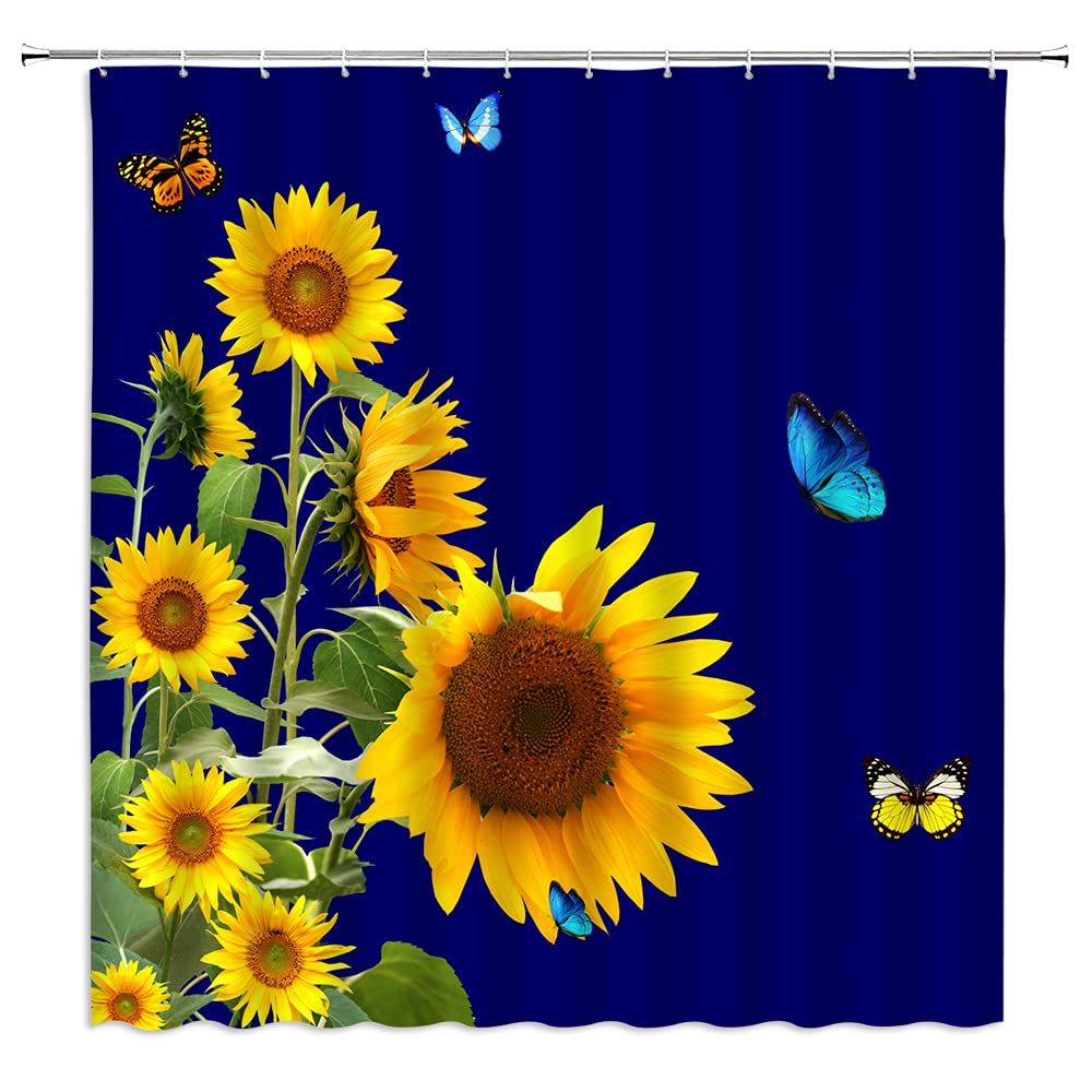 WZFashion Sunflower Shower Curtain - Vintage Floral Bathroom Decor with Butterfly & Wooden Board Design, Yellow Flowers Green Leaves Nature Theme, 59x70 Inches - Perfect for Farmhouse, Rustic, Cottage Style Bathrooms