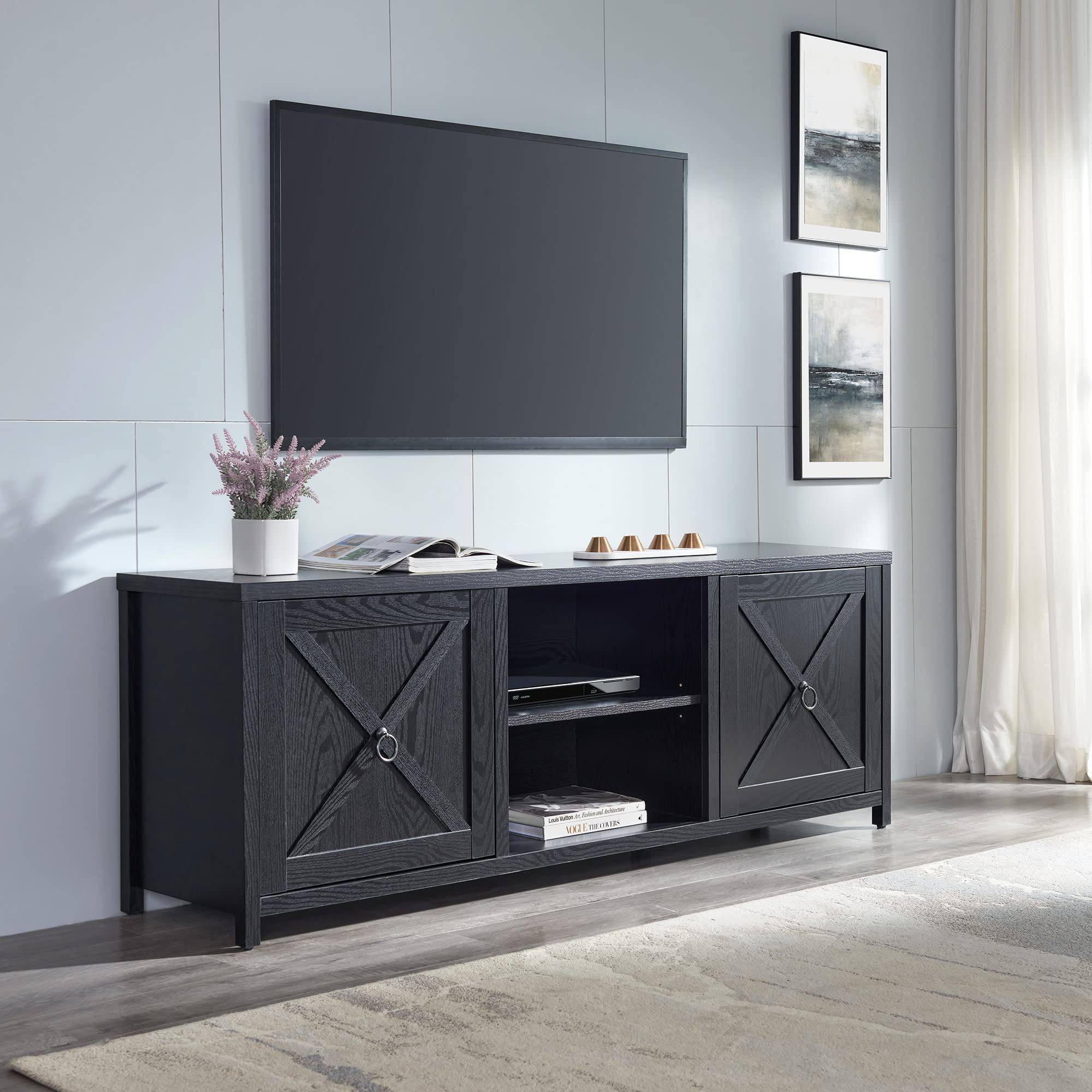 Granger 80 Inch TV Stand - Modern Black Grain Wood Entertainment Center for Flat Screen TVs - Perfect for Living Room, Bedroom & Home Theater Setup