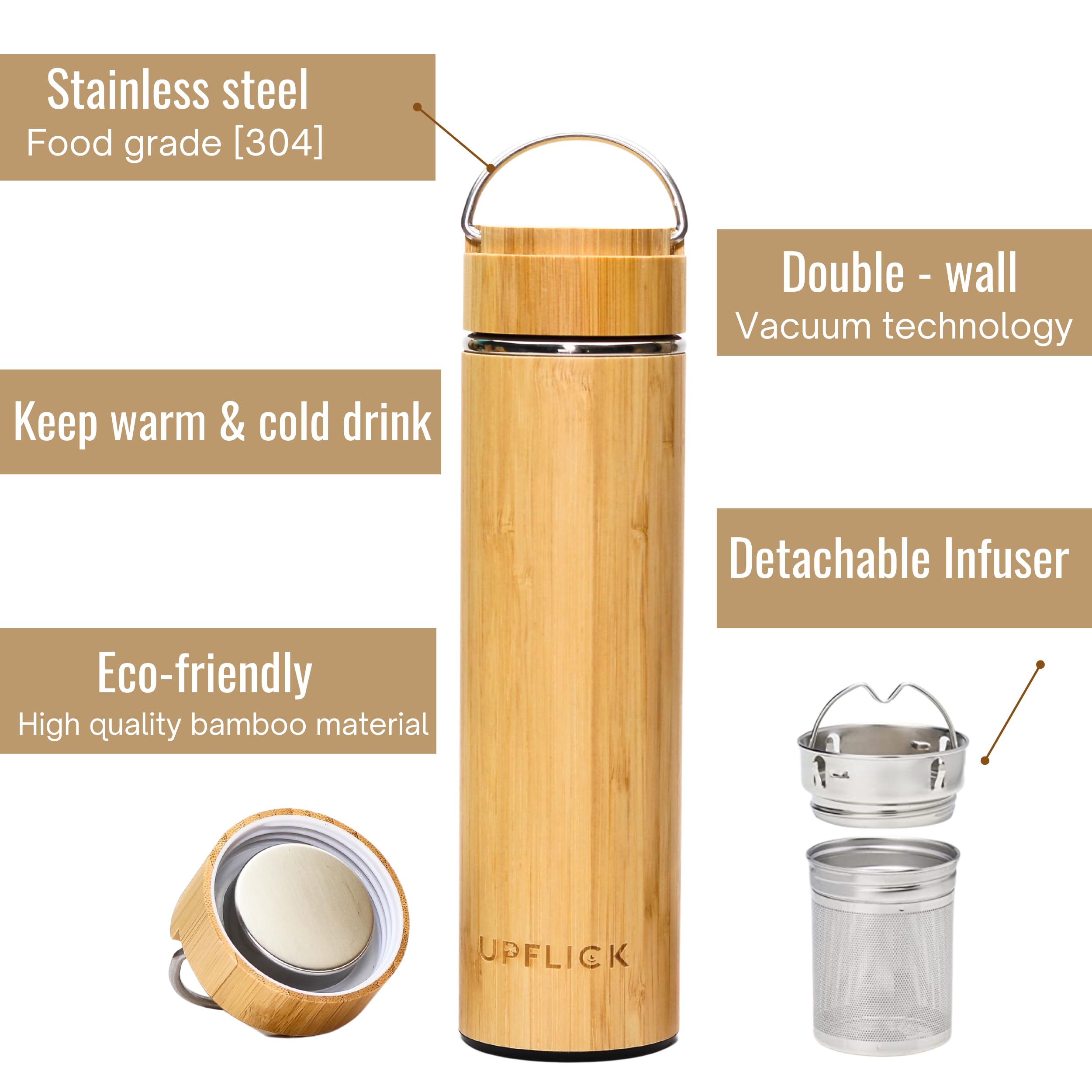 17oz Personalized Bamboo Tumbler with Tea Infuser - Insulated Stainless Steel Water Bottle | Eco-Friendly Tea Thermos for Women | Best Friend Birthday Gift, Christmas Present (Great for Office, Yoga & Travel)