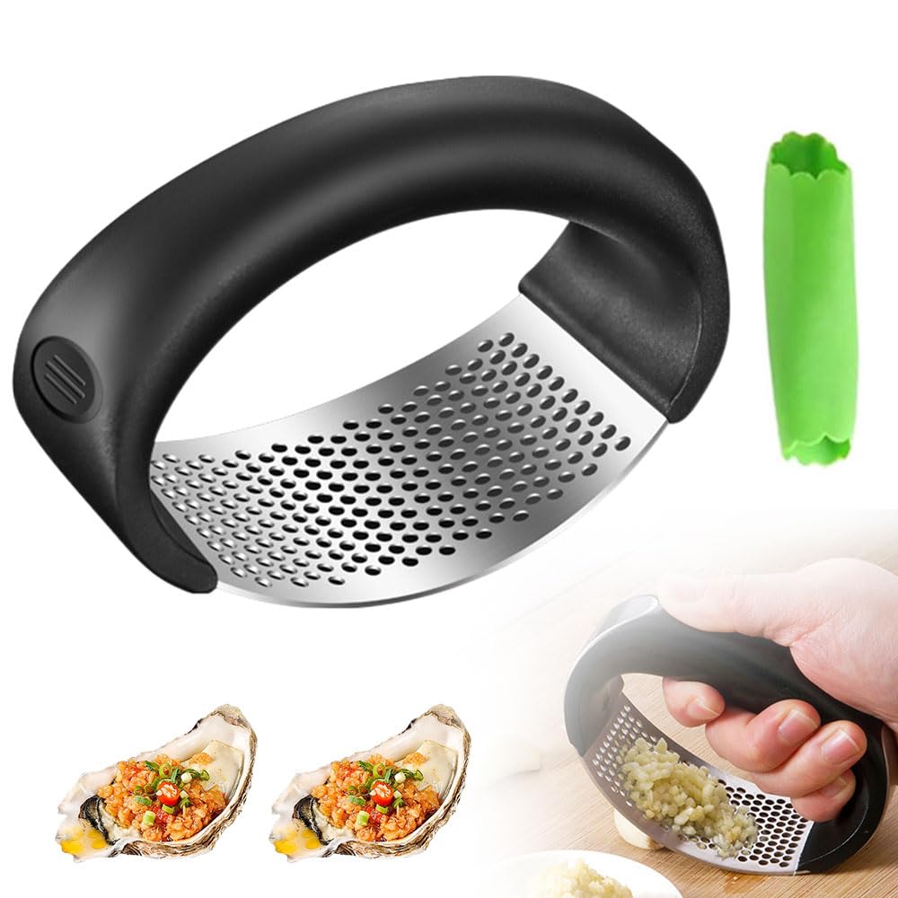 2024 Upgraded Stainless Steel Garlic Press with Peeler - Heavy Duty Garlic Crusher & Mincer for Cooking, Baking, and Meal Prep - Perfect for Kitchens, Restaurants, and Home Chefs (Black)