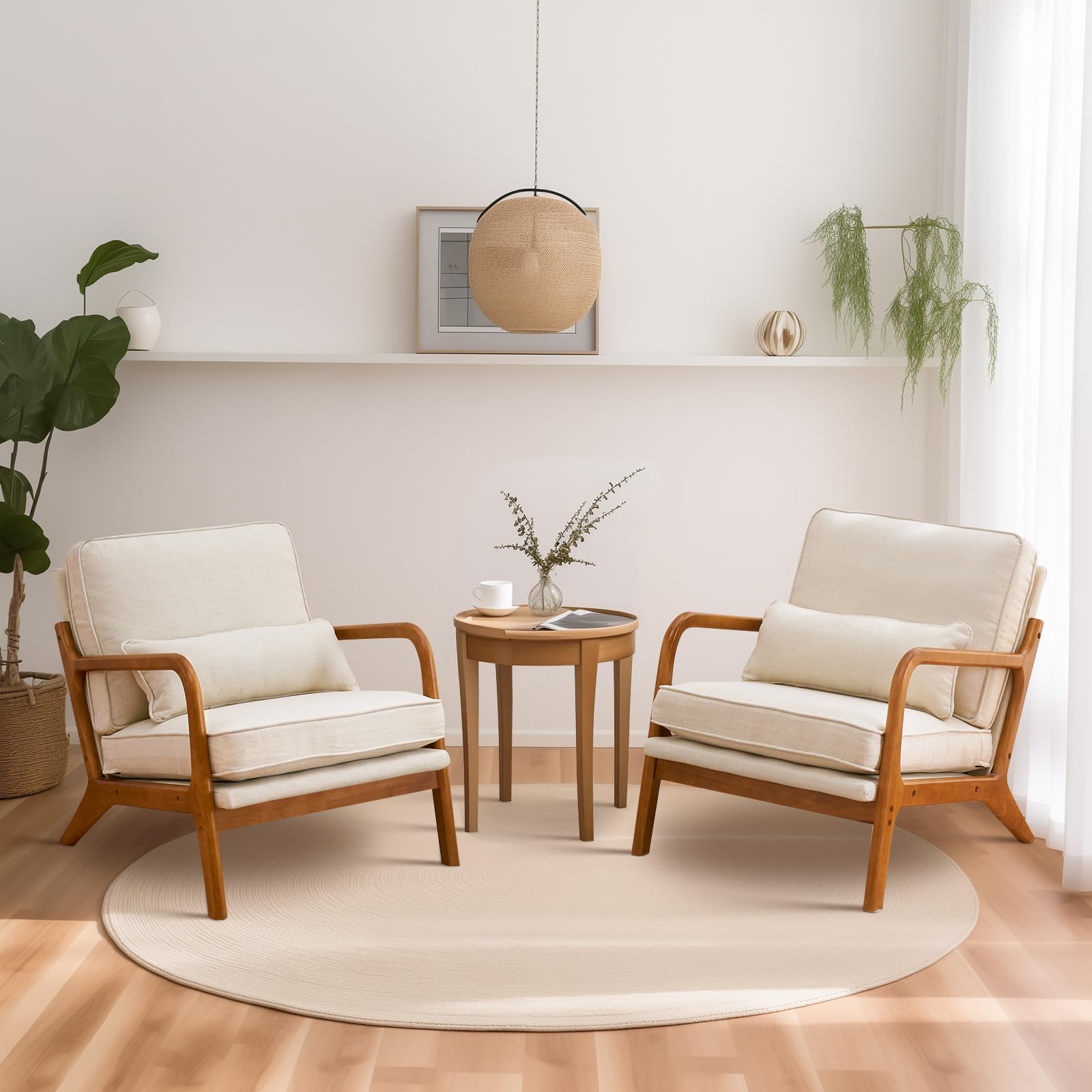 VINGLI Modern Accent Chairs Set of 2 - Beige Linen Upholstered Mid Century Lounge Chairs with Wooden Legs for Living Room, Bedroom or Office - Comfortable Reading Armchair for Small Spaces & Cozy Home Decor