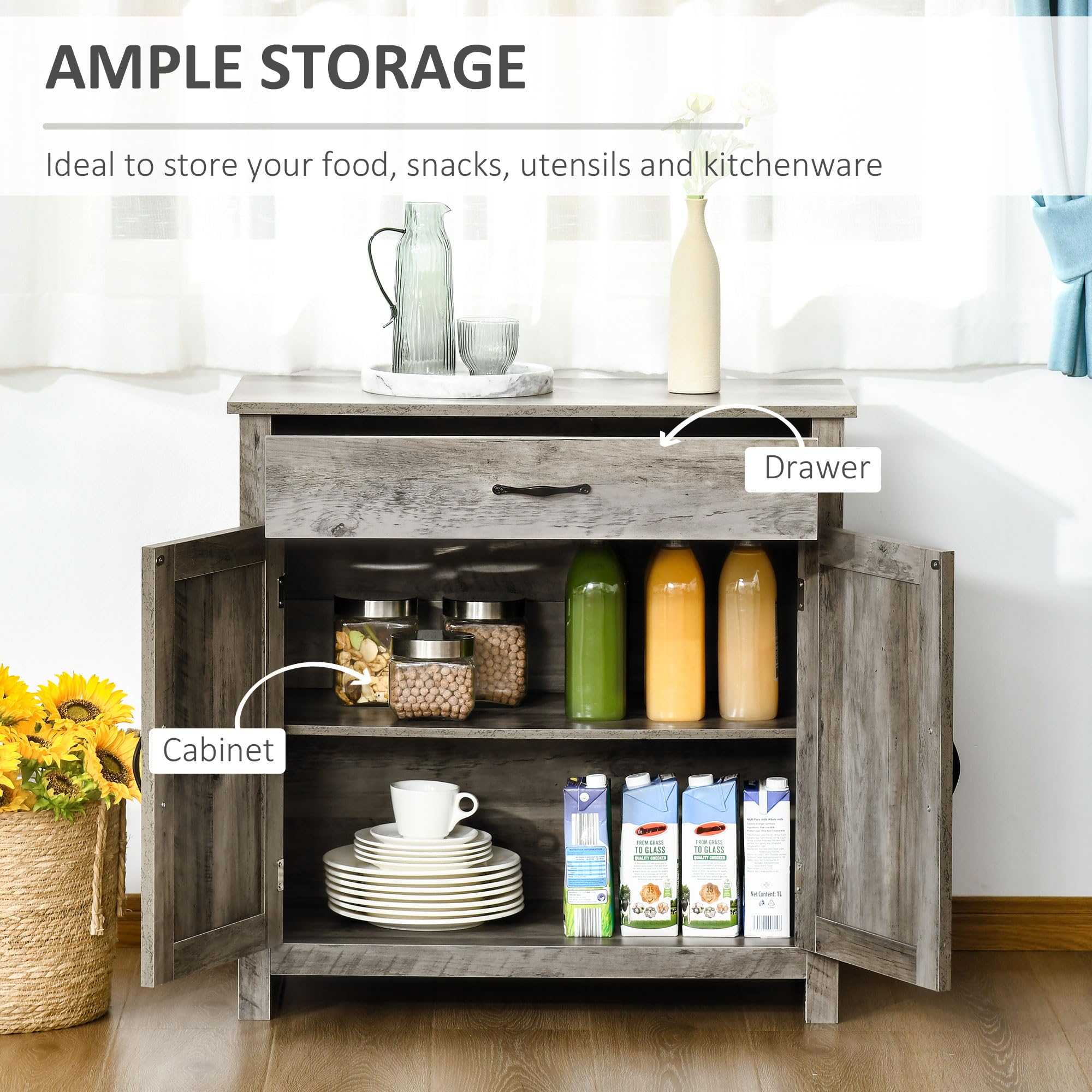HOMCOM Farmhouse Sideboard Buffet Cabinet with Barn Doors - Coffee Bar Cabinet with Drawer & Adjustable Shelf - Rustic Kitchen Storage for Living Room, Entryway, Dining Room - Perfect for Entertaining & Home Organization (Gray)