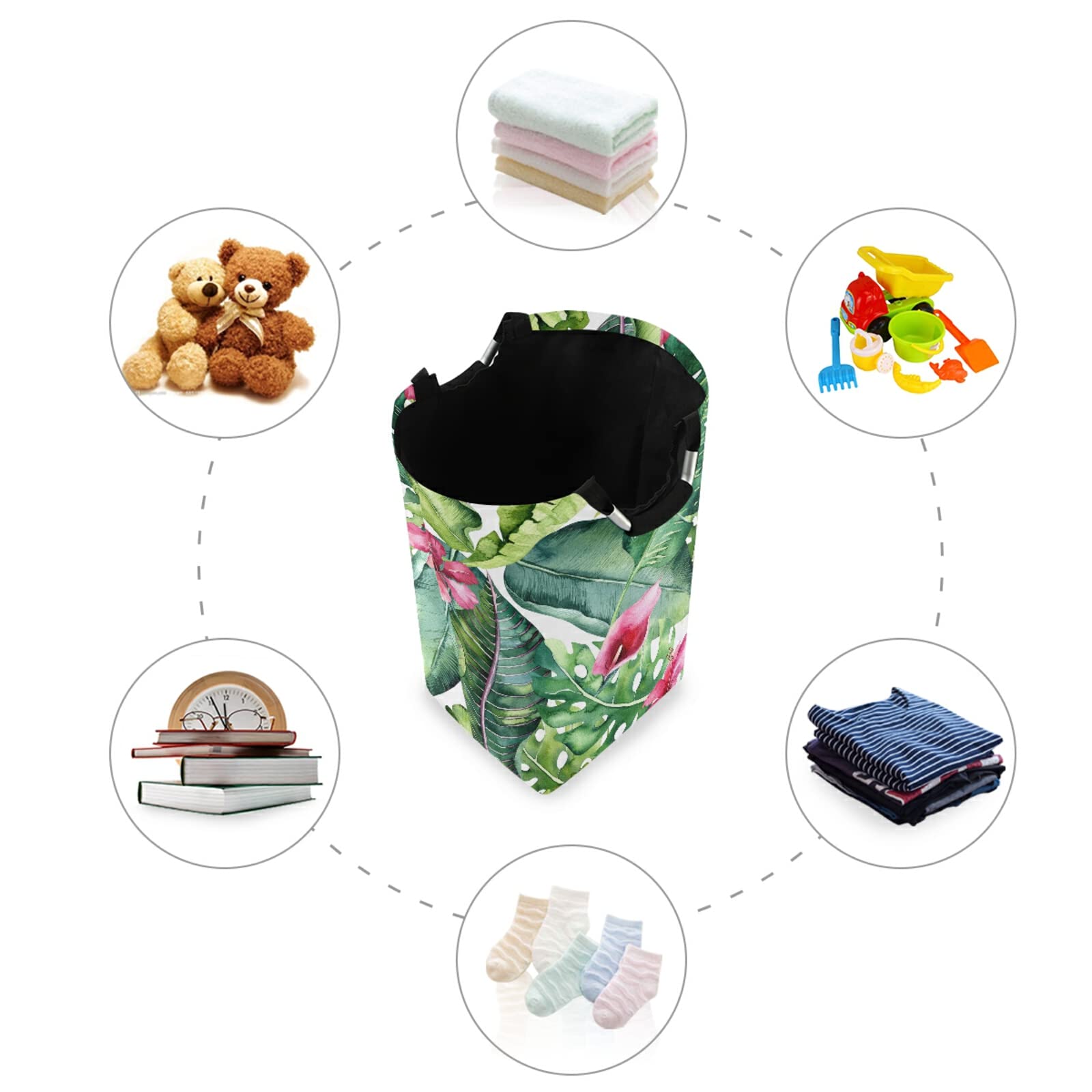 Collapsible Laundry Hamper with Handles - Foldable Waterproof Clothes Basket & Portable Washing Bin - Tropical Leaves Design for Dorm, Travel & Home Organization