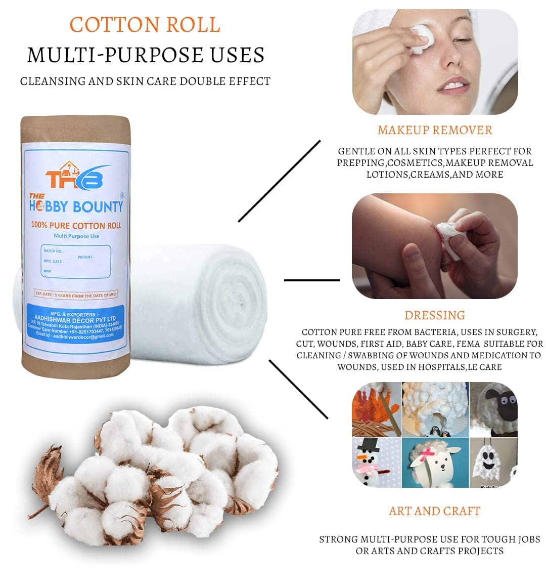 THB 100% Pure Cotton Roll 100g - Ultra Soft Makeup Remover Pads | Facial Toner Applicator | Gentle Cleansing Wipes for Face, Baby Care & Salon Use | Perfect for Daily Skincare & Sensitive Skin