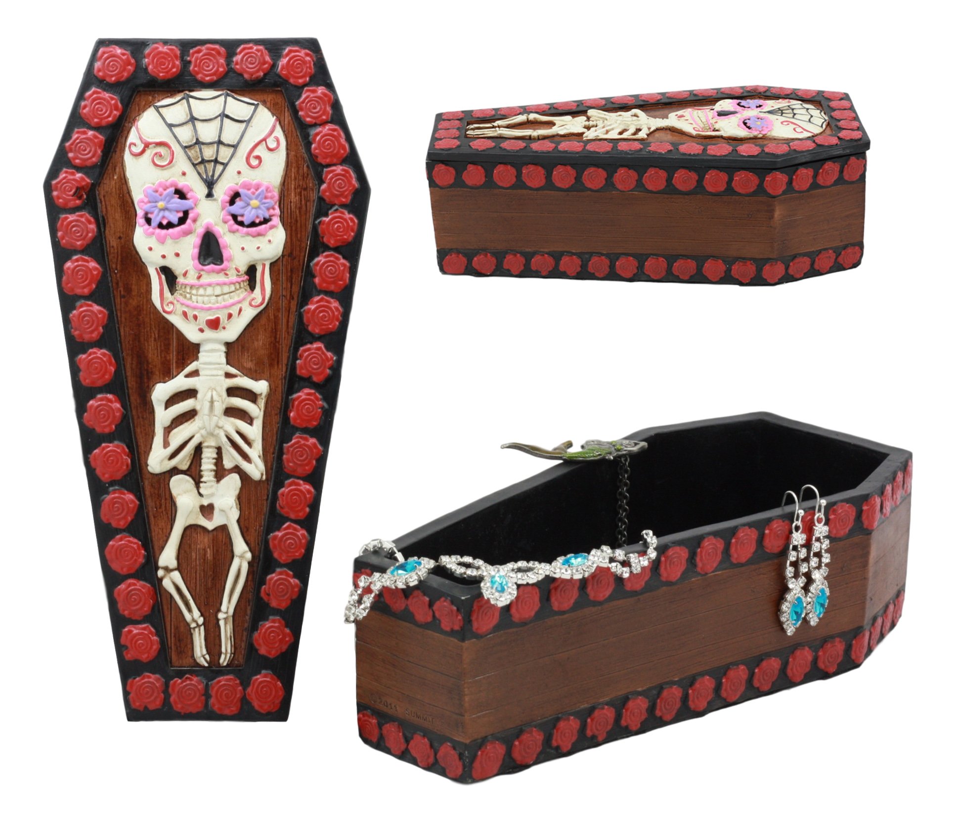 Ebros Gothic Sugar Skull Jewelry Box - Day of the Dead Skeleton Coffin with Secret Compartment for Necklaces & Rings - Perfect for Halloween Decor, Vampire Themed Parties & Gothic Home Decor