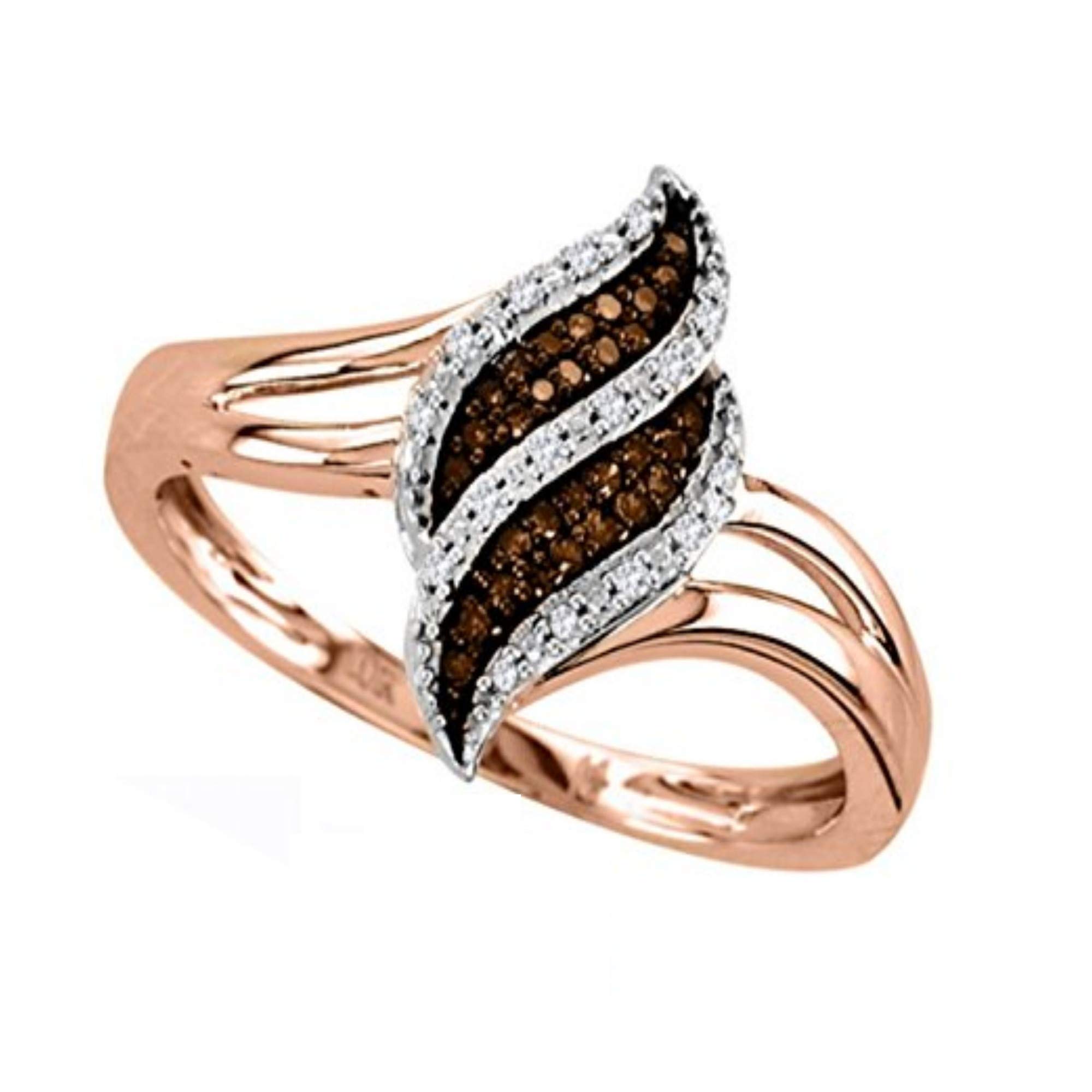 10K Rose Gold Dark Chocolate Brown Diamond Wave Design Ring - 1/3 CTW Brandy Diamond Jewelry for Anniversary, Engagement & Romantic Gifts