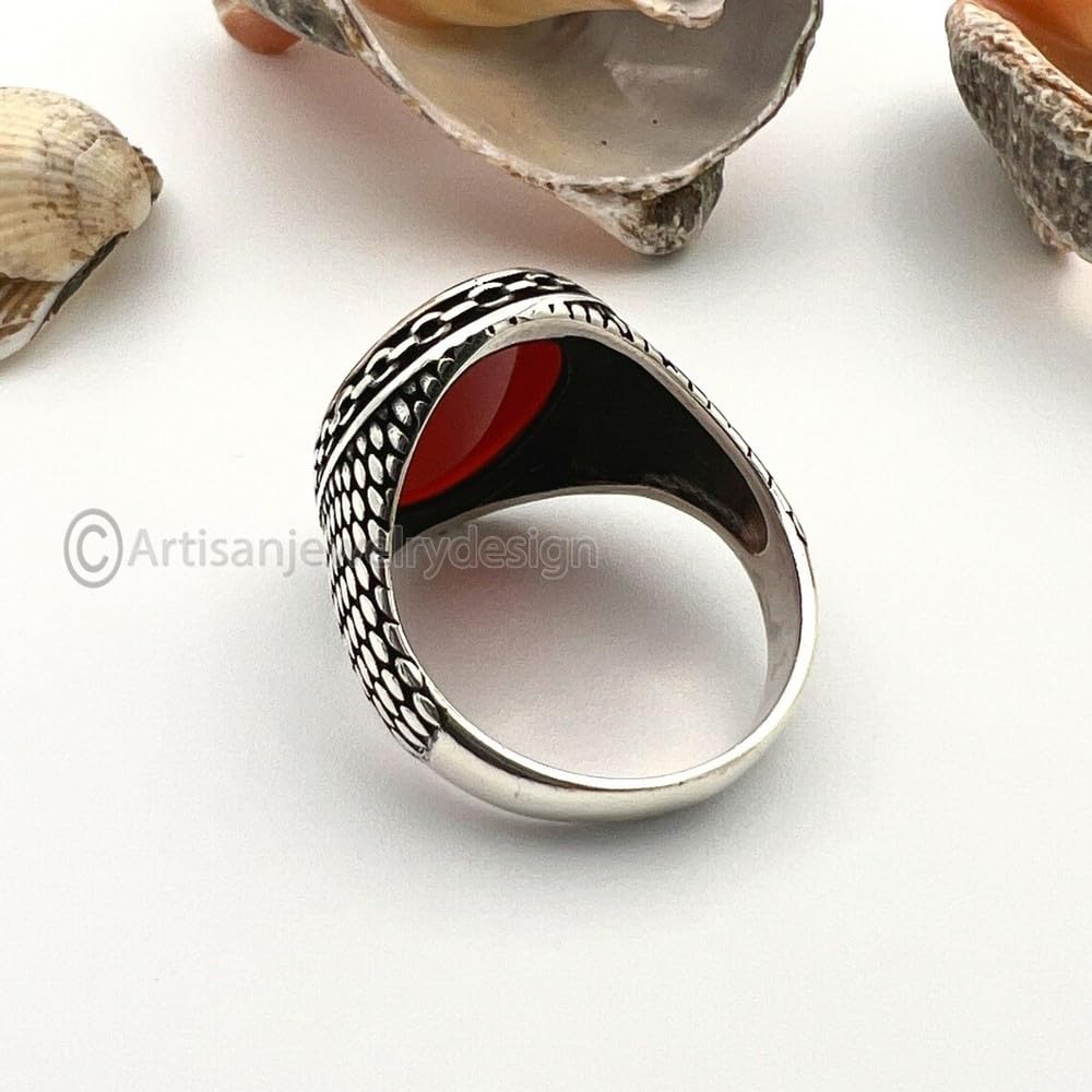 Handmade Red Onyx Men's Ring - 925 Sterling Silver Statement Signet Ring, Ottoman Style Onyx Gemstone Jewelry, Perfect Valentine’s Day Gift for Him, Ideal for Weddings, Anniversaries, and Special Occasions