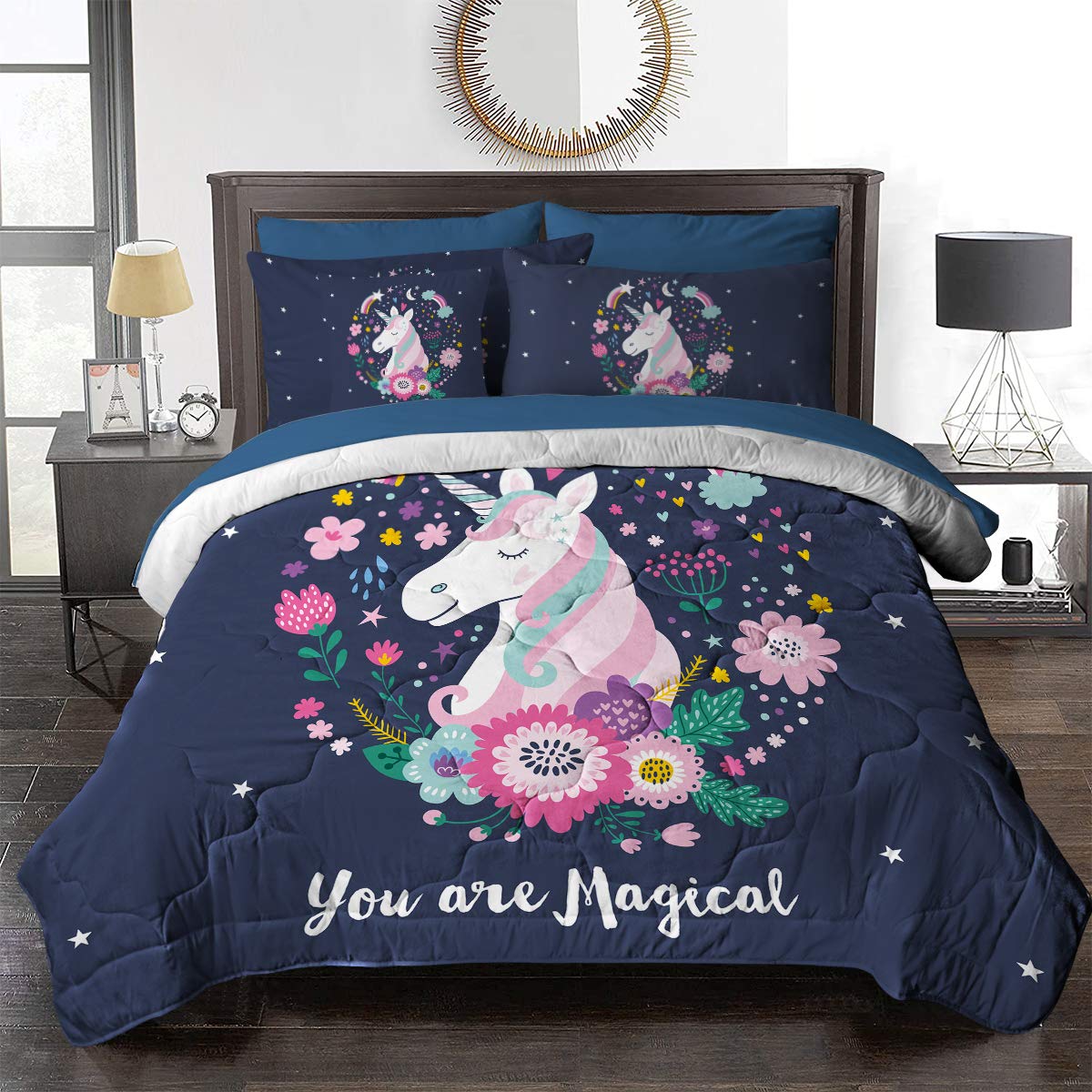 BlessLiving 8-Piece Unicorn Comforter Set for Girls - Pink Queen Size Bedding with Comforter, Shams, Fitted Sheet, Flat Sheet, Pillowcases & Cushion Cover | Soft Fantasy Bedroom Decor for Kids, Teens & Unicorn Lovers | Perfect for Birthday Gifts, Room Makeovers & Sleepovers