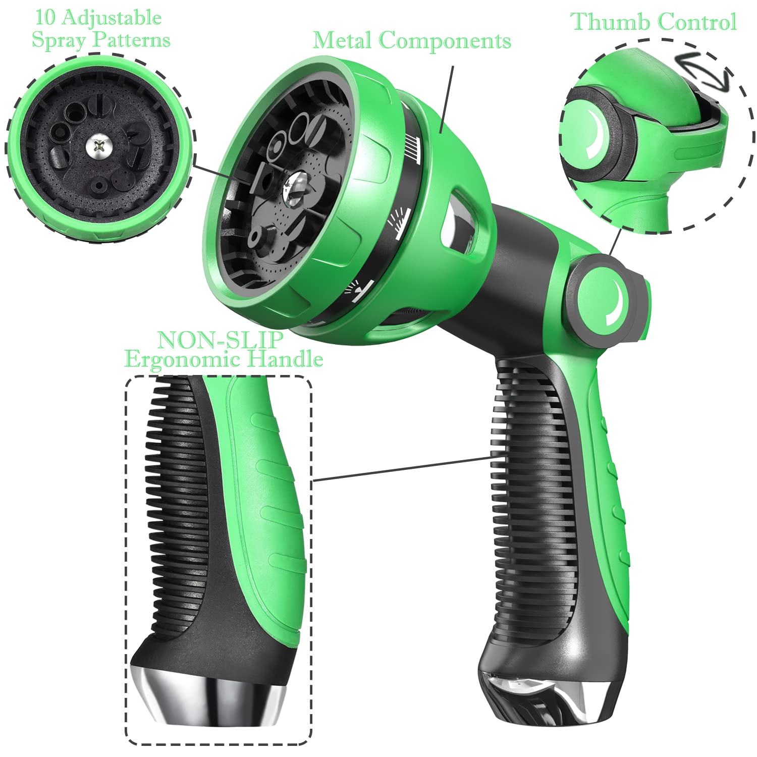 Metal Garden Hose Nozzle - 10 Adjustable Spray Patterns for Watering, Cleaning & Car Washing