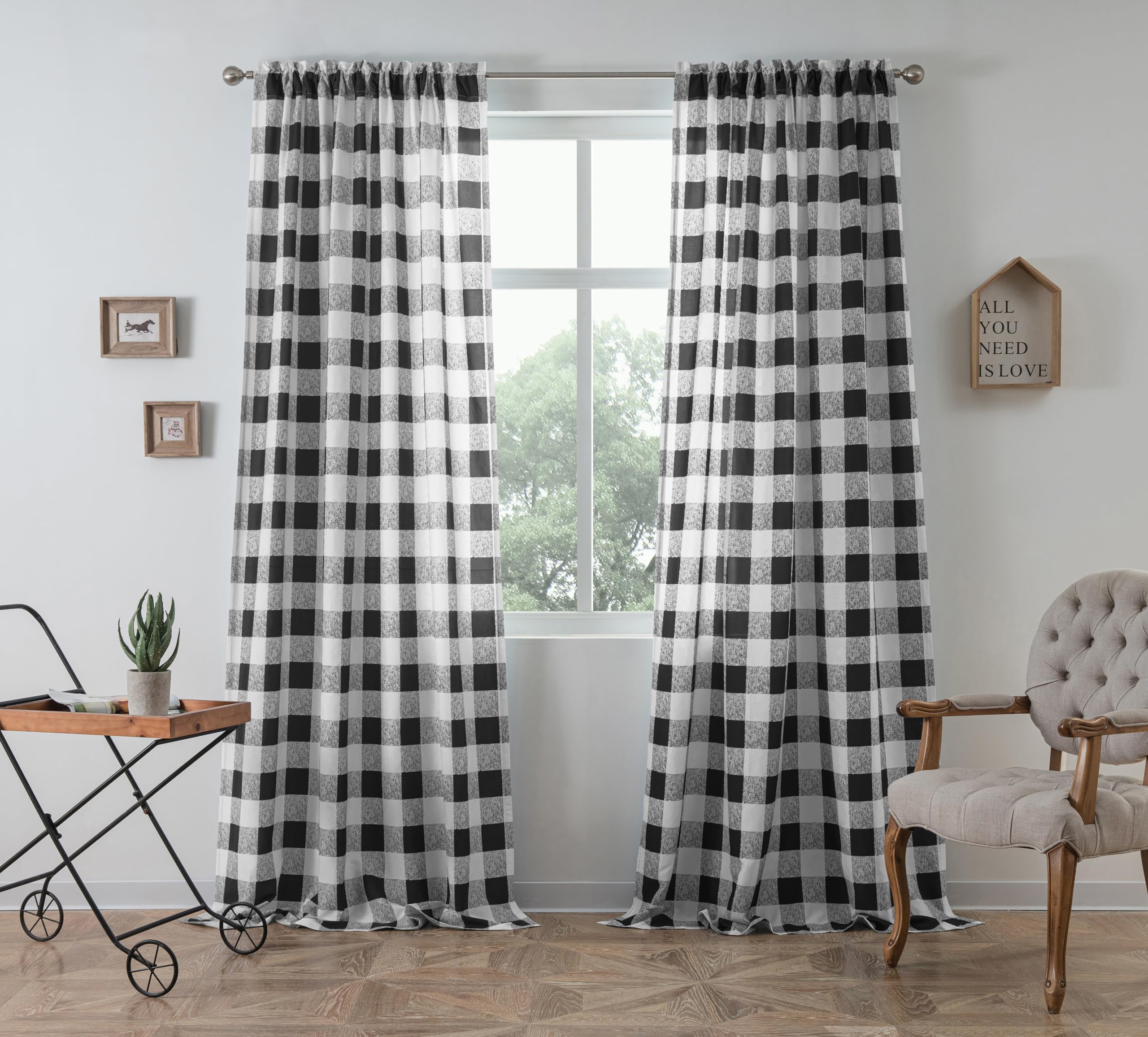 DriftAway Semi-Sheer Buffalo Plaid Checkered Curtains - Black & White Farmhouse Style Window Panels (52