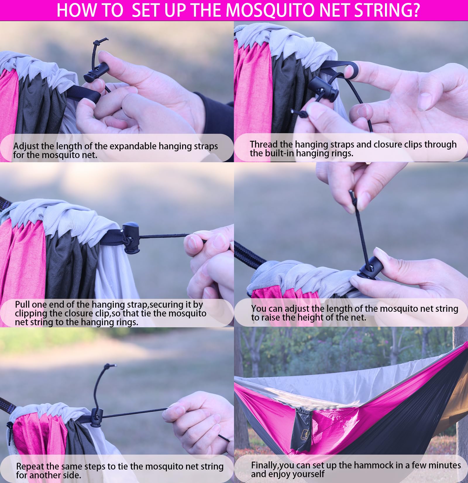 Portable Camping Hammock with Mosquito Net - Lightweight Nylon Parachute Hammock with 10ft Tree Straps - Perfect for Travel, Hiking, Backpacking, Beach & Patio (Black & Pink) - Ideal for Outdoor Adventures, Backyard Relaxation & Summer Camping Trips