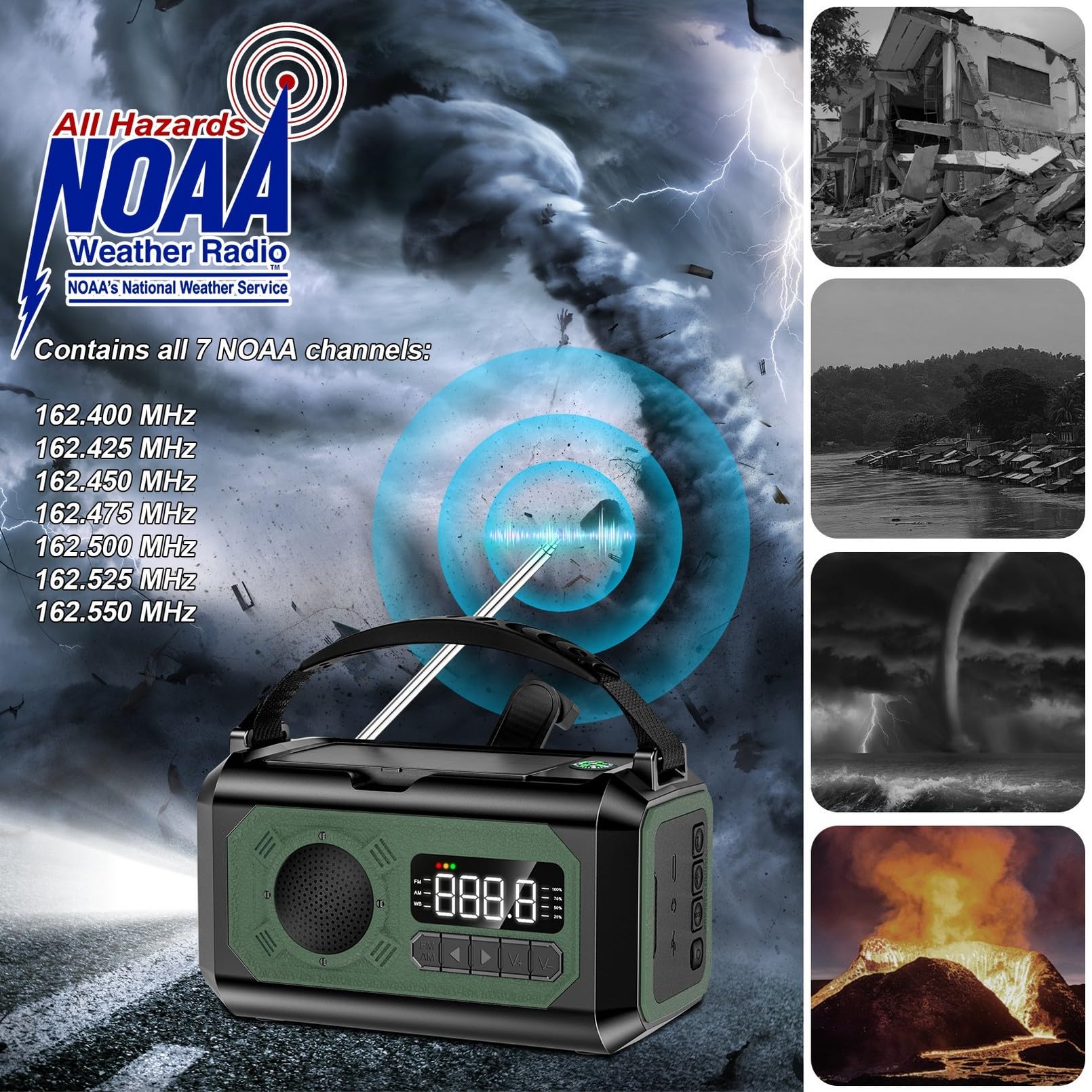 44400mWh Hand Crank Emergency Weather Radio with Solar Power - 12000mAh Portable NOAA/AM/FM Radio, Flashlight, Phone Charger, SOS Alarm & Compass - Perfect for Camping, Hiking and Emergency Preparedness (Grass Green)