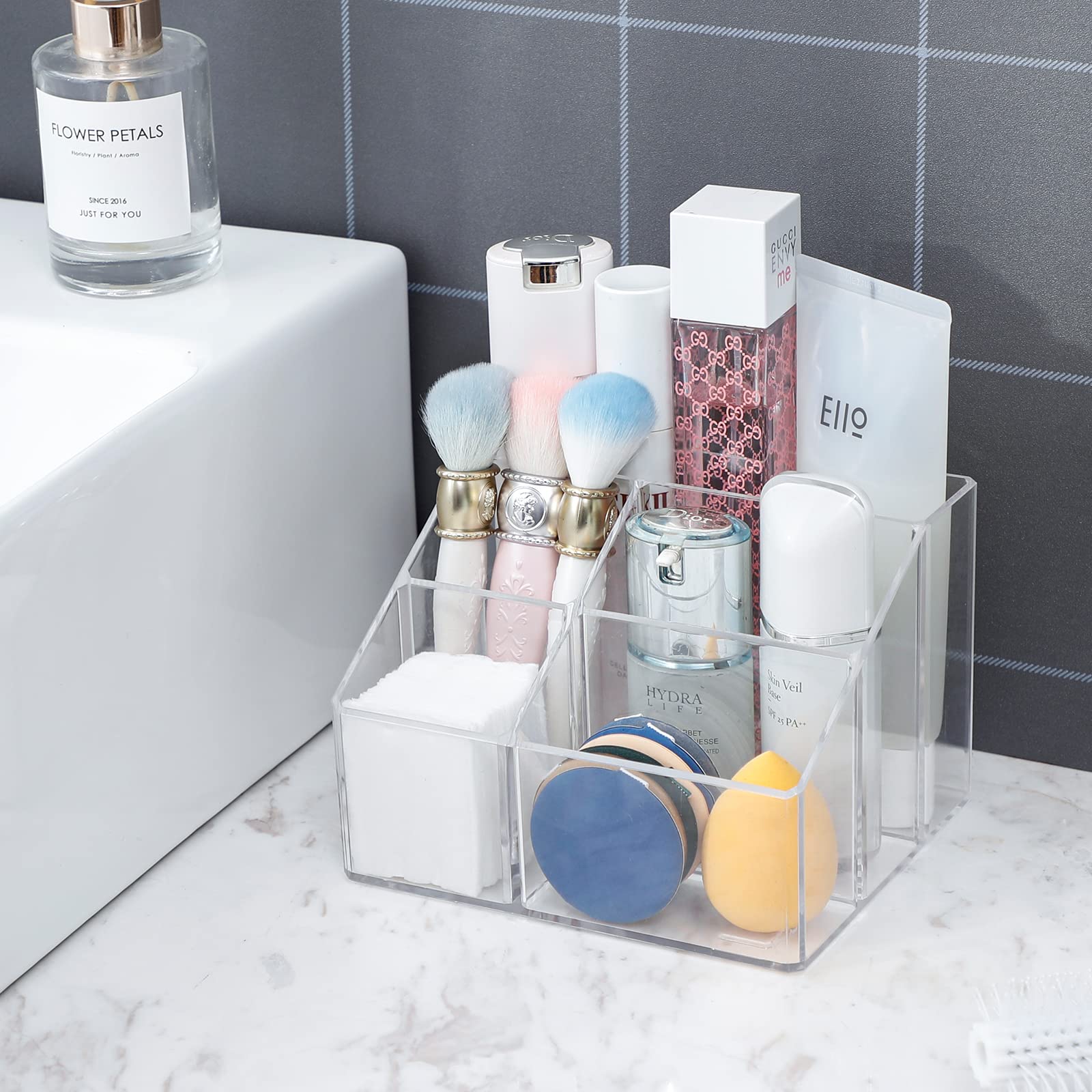 Clear Makeup Organizer with 5 Compartments - Bathroom & Vanity Storage for Cosmetics, Brushes & Accessories