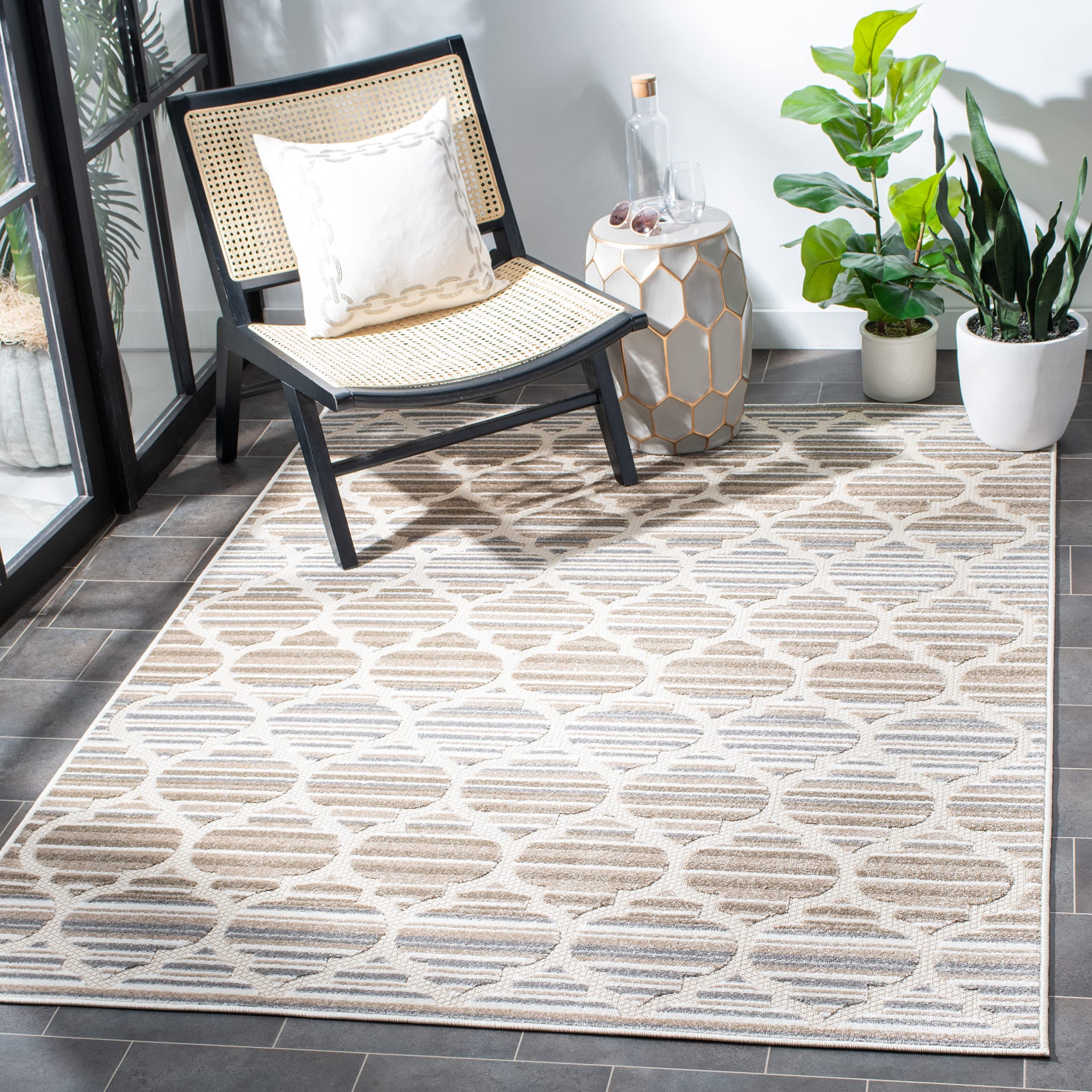 SAFAVIEH Cabana Collection 9' x 12' Grey & Ivory Trellis Design Area Rug - Non-Shedding, Easy Care, Washable Indoor Outdoor Rug for Living Room, Bedroom, Patio, Backyard, Mudroom (CBN333F)