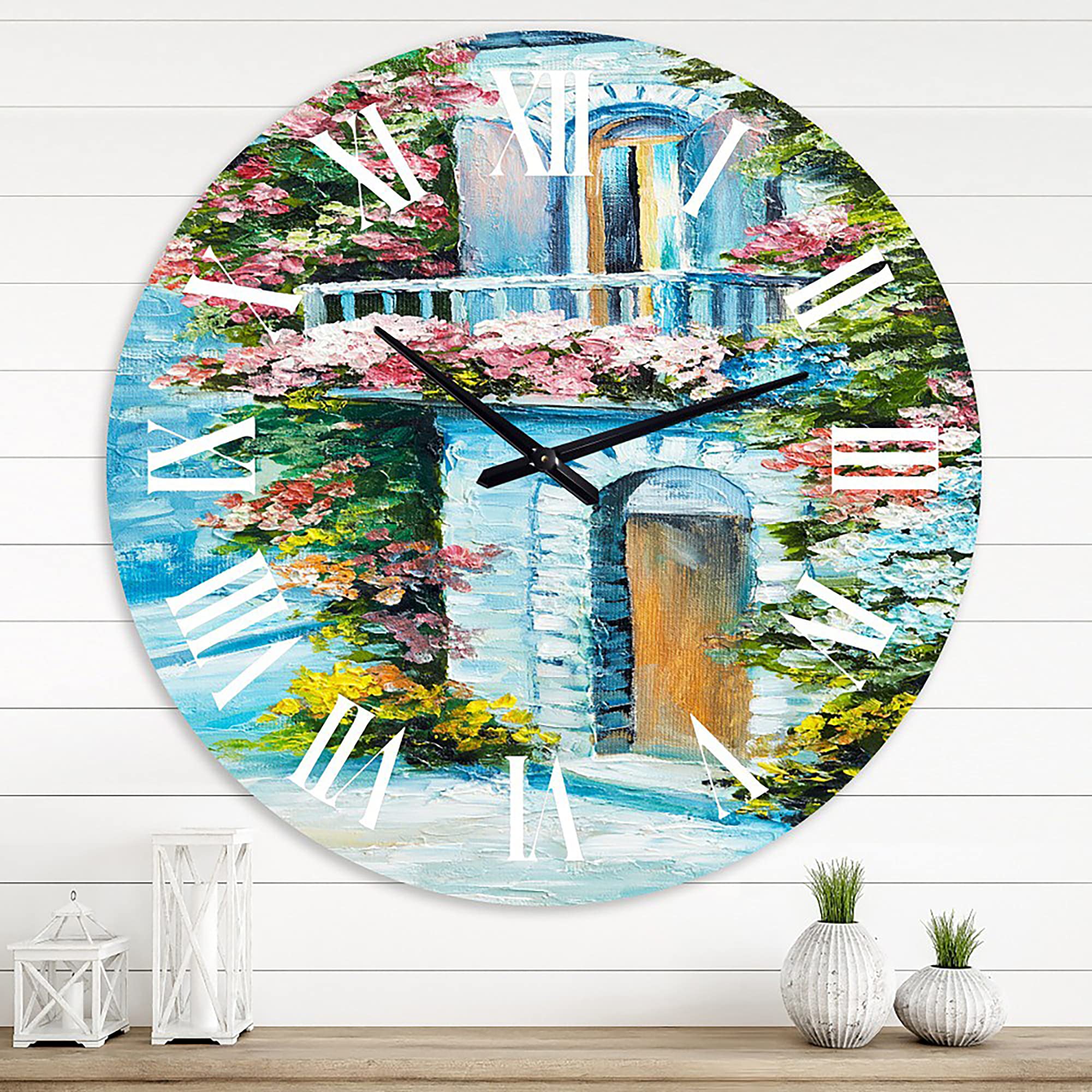DesignQ Traditional Wall Clock - 'House Near The Sea with Colorful Flowers' Landscape Art Clock | Large Decorative Wall Clock for Living Room, Bedroom & Office | Perfect Home Decor Gift for Nature Lovers