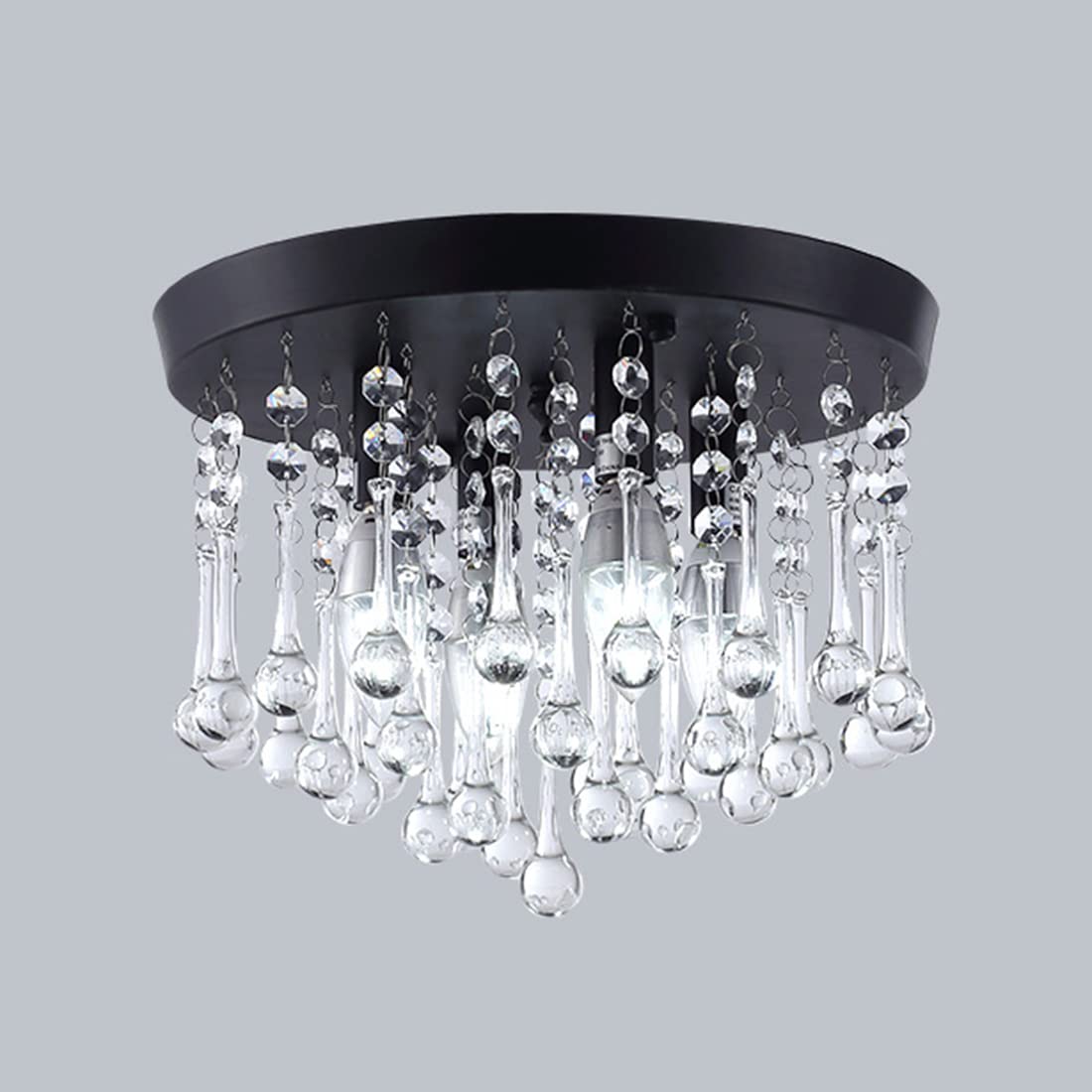 Modern Black Sputnik Chandelier - 4-Light Crystal Ceiling Fixture with Round Raindrop Design, Flush Mount Pendant Lighting for Bedroom, Living Room, Dining Room & Hallway - Elegant Home Decor for Contemporary Interiors