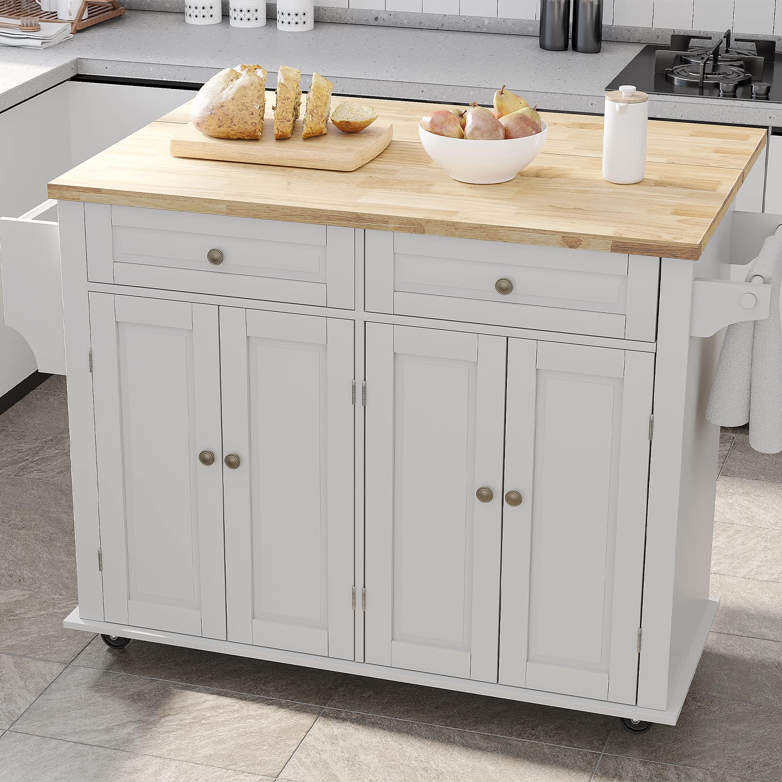 Rolling Kitchen Island with Drop Leaf – White Matte Movable Kitchen Cart on Wheels with Storage Cabinet, Rubber Wood Top, Rack, and Drawers – Perfect for Small Kitchens, Dining, and Entertaining