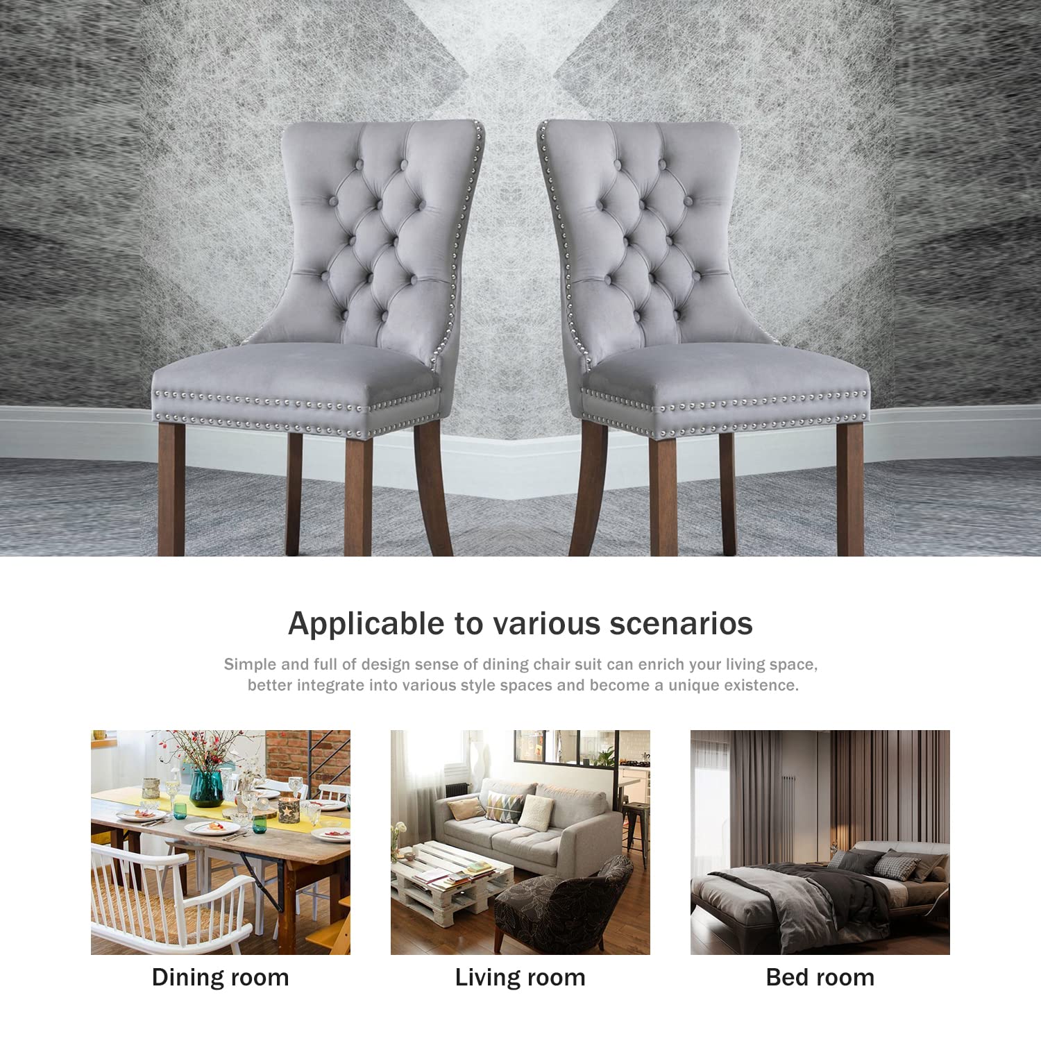 Kiztir Velvet Dining Chairs Set of 4 - Upholstered Luxury Tufted Chairs with Nailhead Trim & Button Back - Elegant Accent Chairs for Dining Room, Living Room, Kitchen or Bedroom (Light Gray) - Perfect for Home Decor, Dinner Parties & Cozy Gatherings