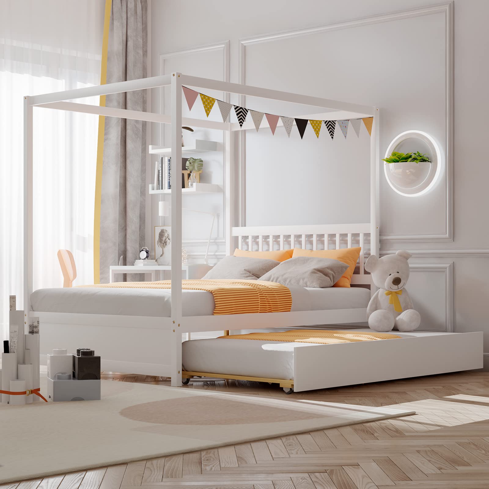 Giantex Full Size Canopy Bed with Trundle - Solid Wood Platform Bed Frame with Headboard for Kids, No Box Spring Needed - Perfect for Boys & Girls Bedrooms, Sleepovers and Space Saving (White)
