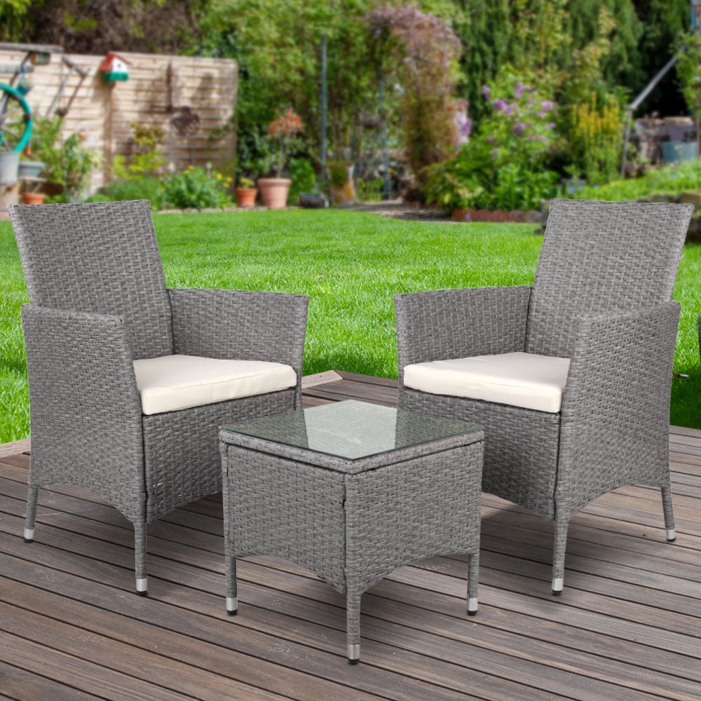 3-Piece Outdoor Bistro Set - Patio Furniture with Wicker Chairs, Table & Cushions (Grey) - Perfect for Garden, Balcony, and Backyard Relaxation