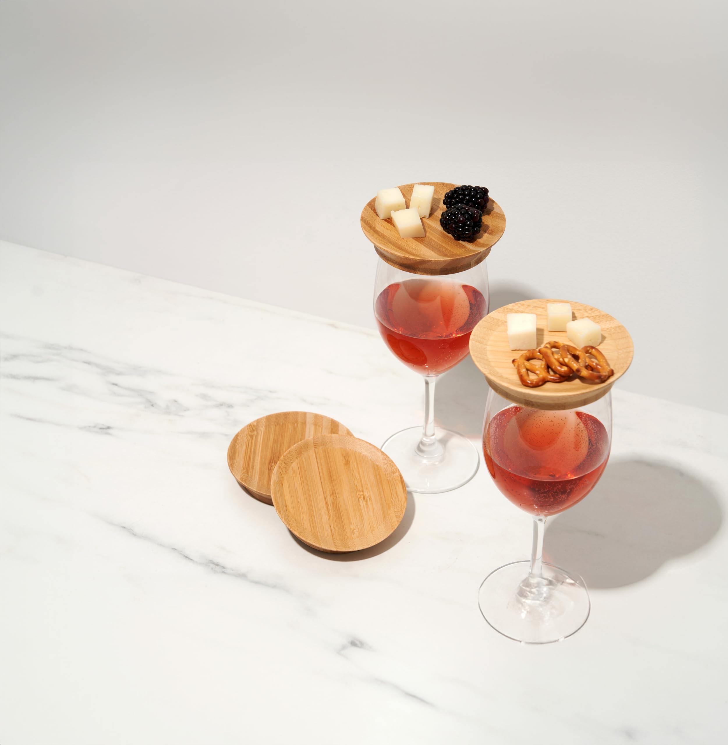 Eco-Friendly Bamboo Appetizer Plates & Wine Glass Covers Set of 4 - Natural Wooden Cocktail Plates, Cup Toppers for Parties, Weddings & Home Entertaining