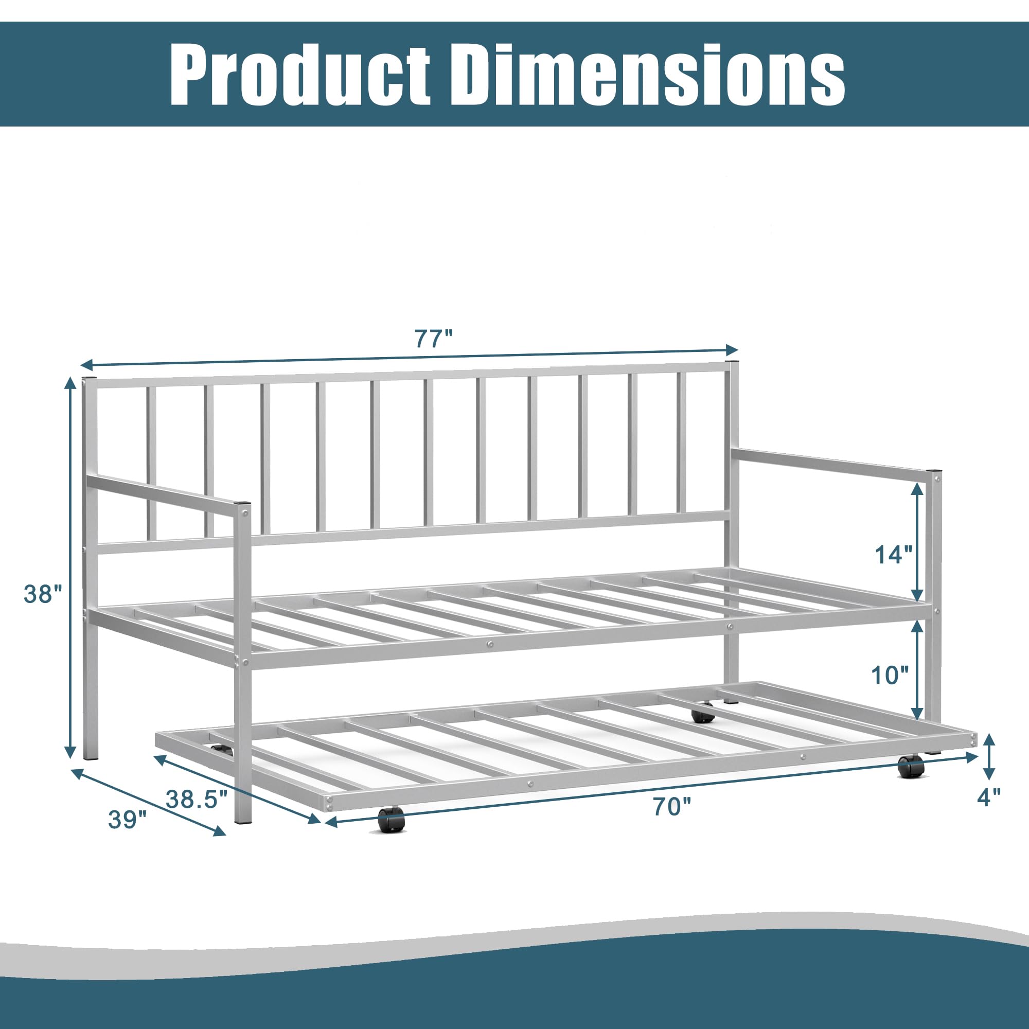 KOMFOTT Twin Daybed with Trundle - Sturdy Metal Bed Frame Set with Wheels & Slat Support, No Box Spring Needed - Perfect Sofa Bed for Living Room, Guest Room & Small Spaces (Space-Saving Design for Overnight Guests & Multi-Functional Use)