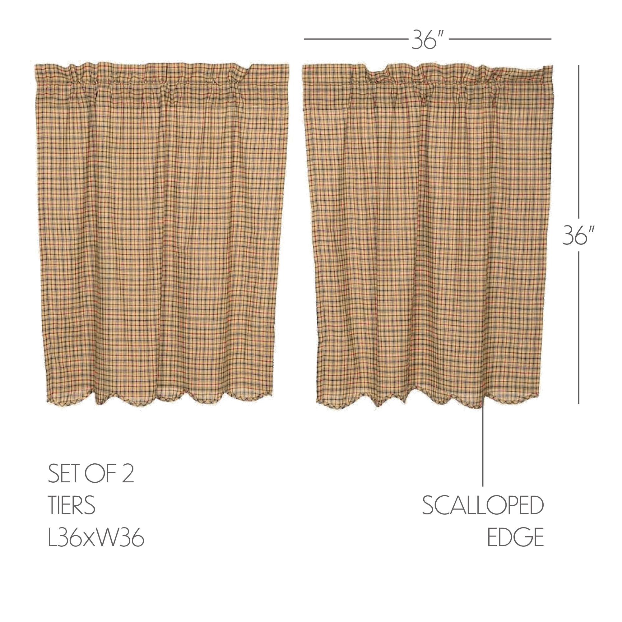 VHC Brands Millsboro Plaid Cotton Rustic Kitchen Curtains - Rod Pocket 36x36 Tier Pair in Khaki Tan | Farmhouse Window Treatments for Cozy Countryside Kitchens