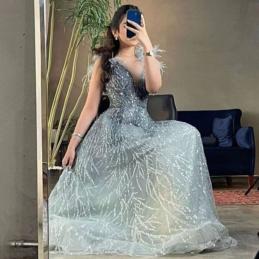 Serene Hill Luxury Dubai Feathers Evening Dresses 2025 - Sexy V Neck Beaded Blue Long Formal Gowns for Women | Wedding, Prom, Gala & Special Occasion Party Dresses