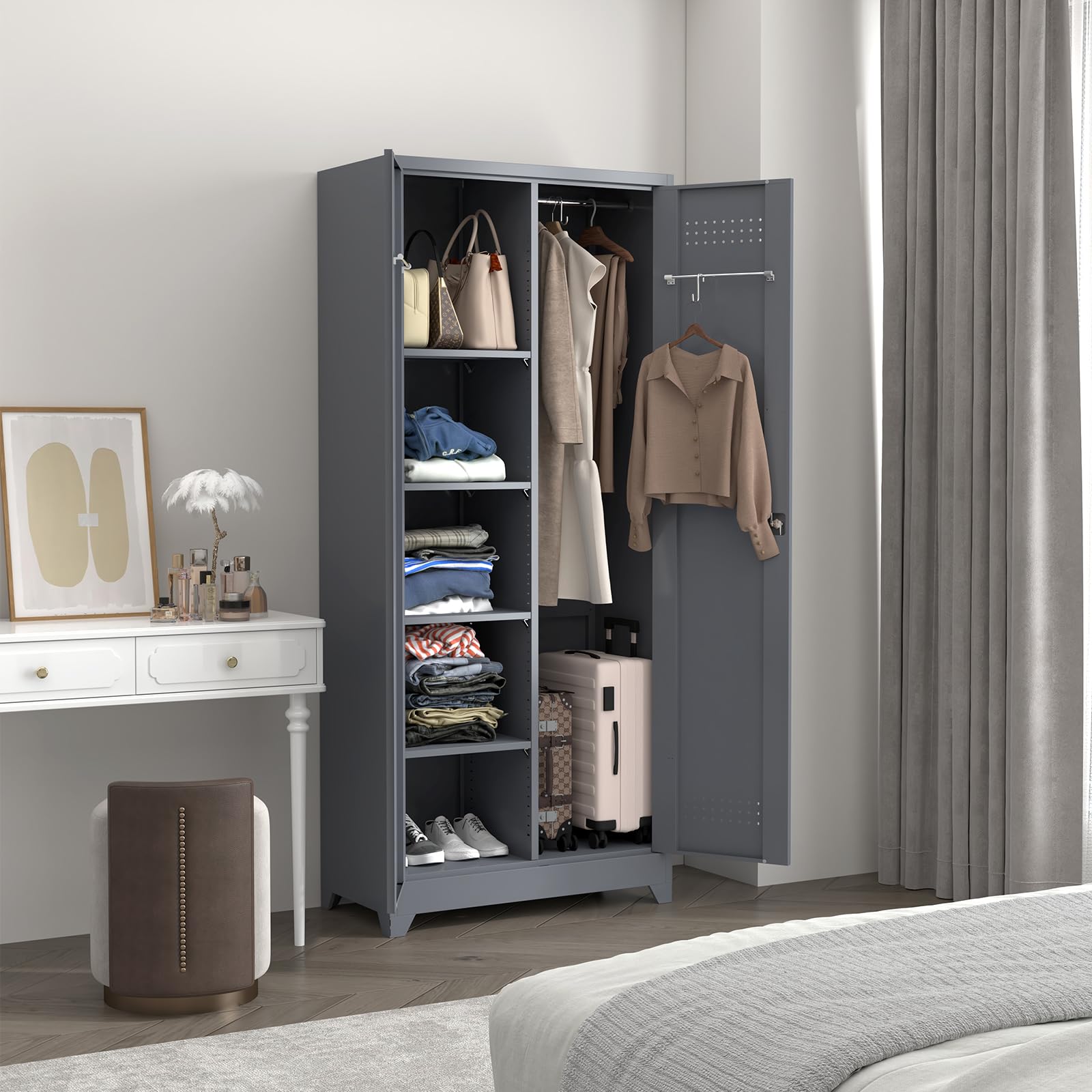 Metal Utility Storage Cabinet with Shelves - Broom Closet Organizer for Cleaning Tools, Laundry Room, Garage & Bathroom - Space-Saving Grey Cabinet for Home Organization