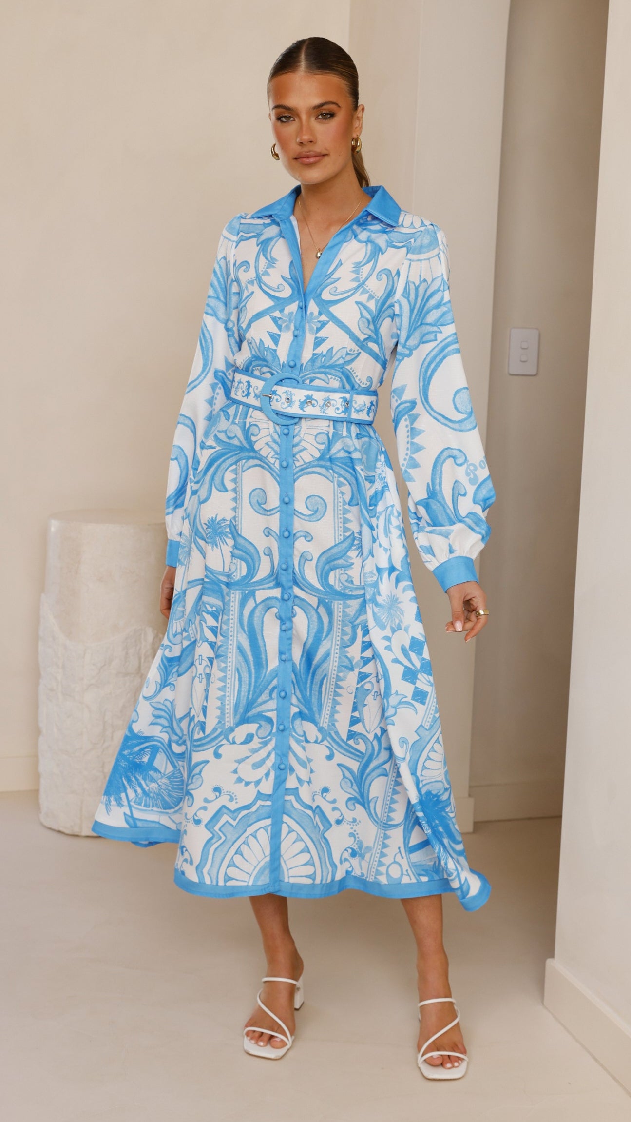 Madeline Long Sleeve Midi Dress - Portofino Azure Blue Flowy Women's Dress for Casual Wear, Office & Date Night