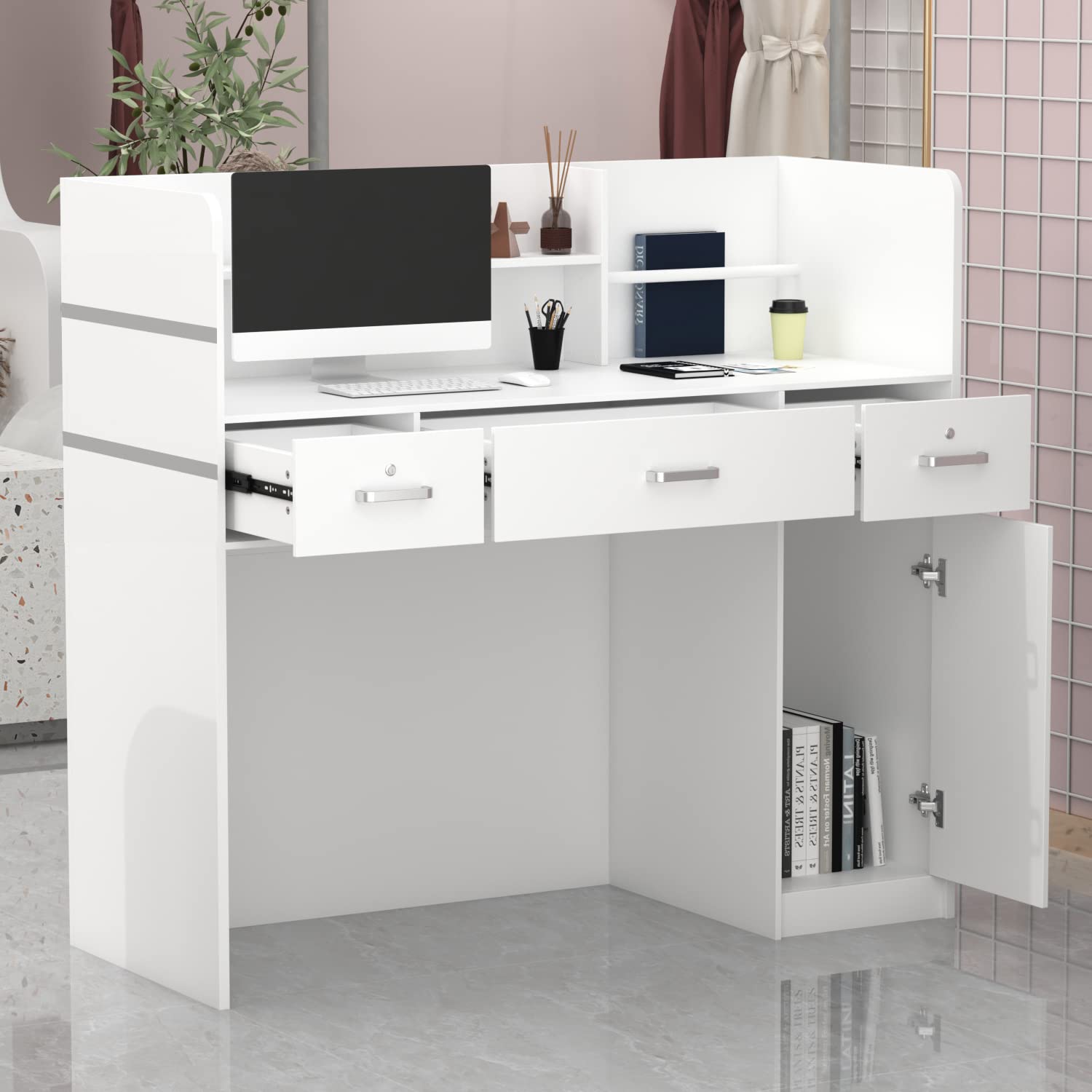 Wooden Reception Desk with Open Shelf & Lockable Drawers - Office Furniture for Reception Rooms (White)
