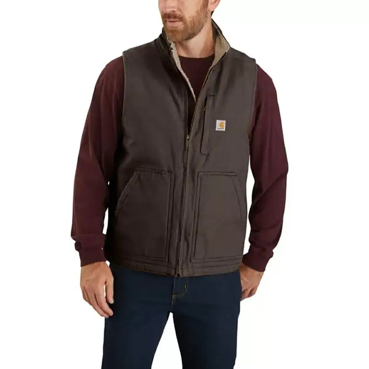 Carhartt® Loose Fit Washed Duck Sherpa Lined Mock Neck Vest for Men - Warm Winter Work Vest with Fleece Lining - Perfect for Outdoor Jobs, Hunting & Cold Weather Activities