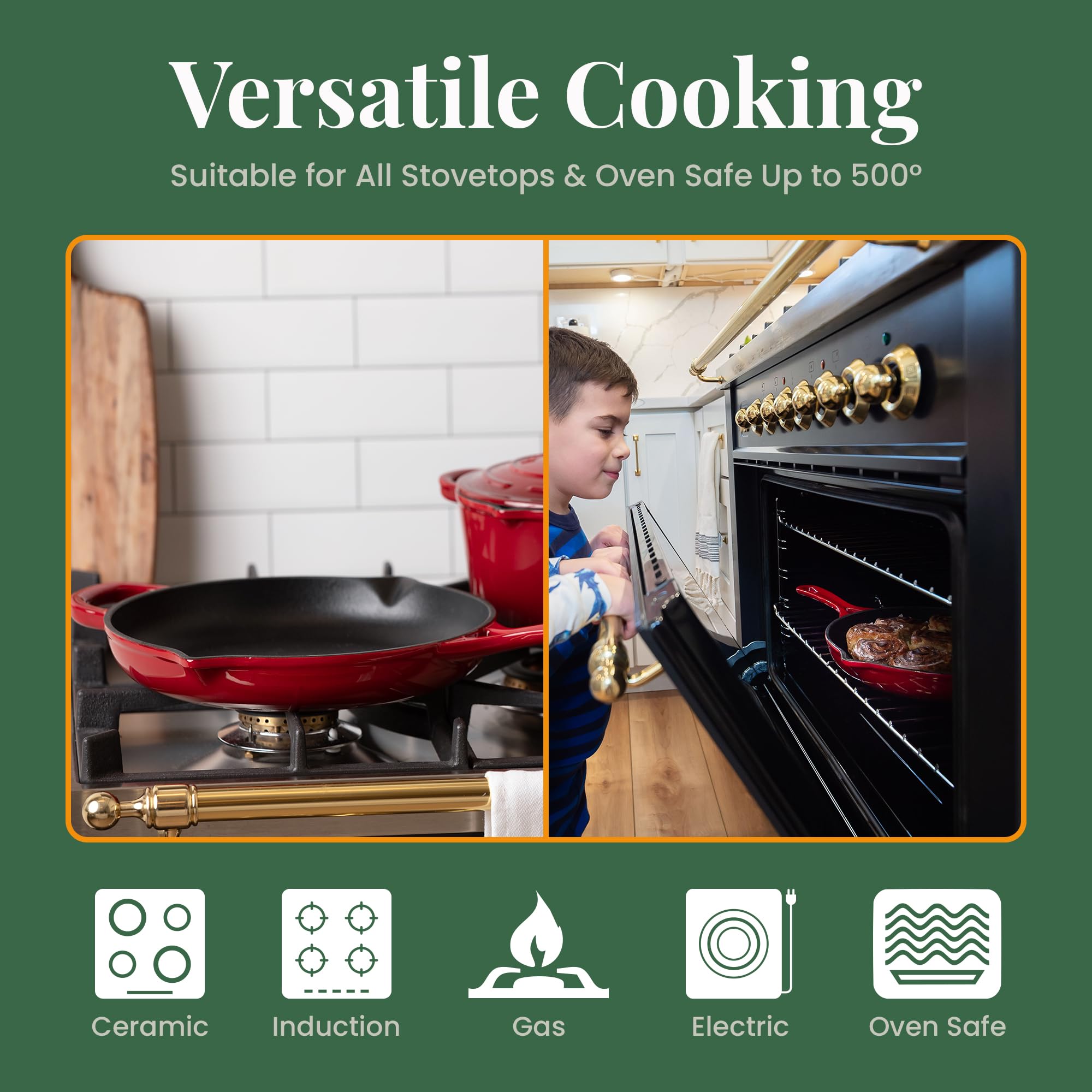 Premium Enameled Cast Iron Skillet 10.25 Inch - Oven Safe to 500°F - Nonstick Enamel Coating - Pour Spouts - Works on All Cooktops (Gas, Electric, Induction) - Perfect for Searing, Frying, Baking & Stovetop-to-Oven Cooking - Elegant Cabernet Red Color