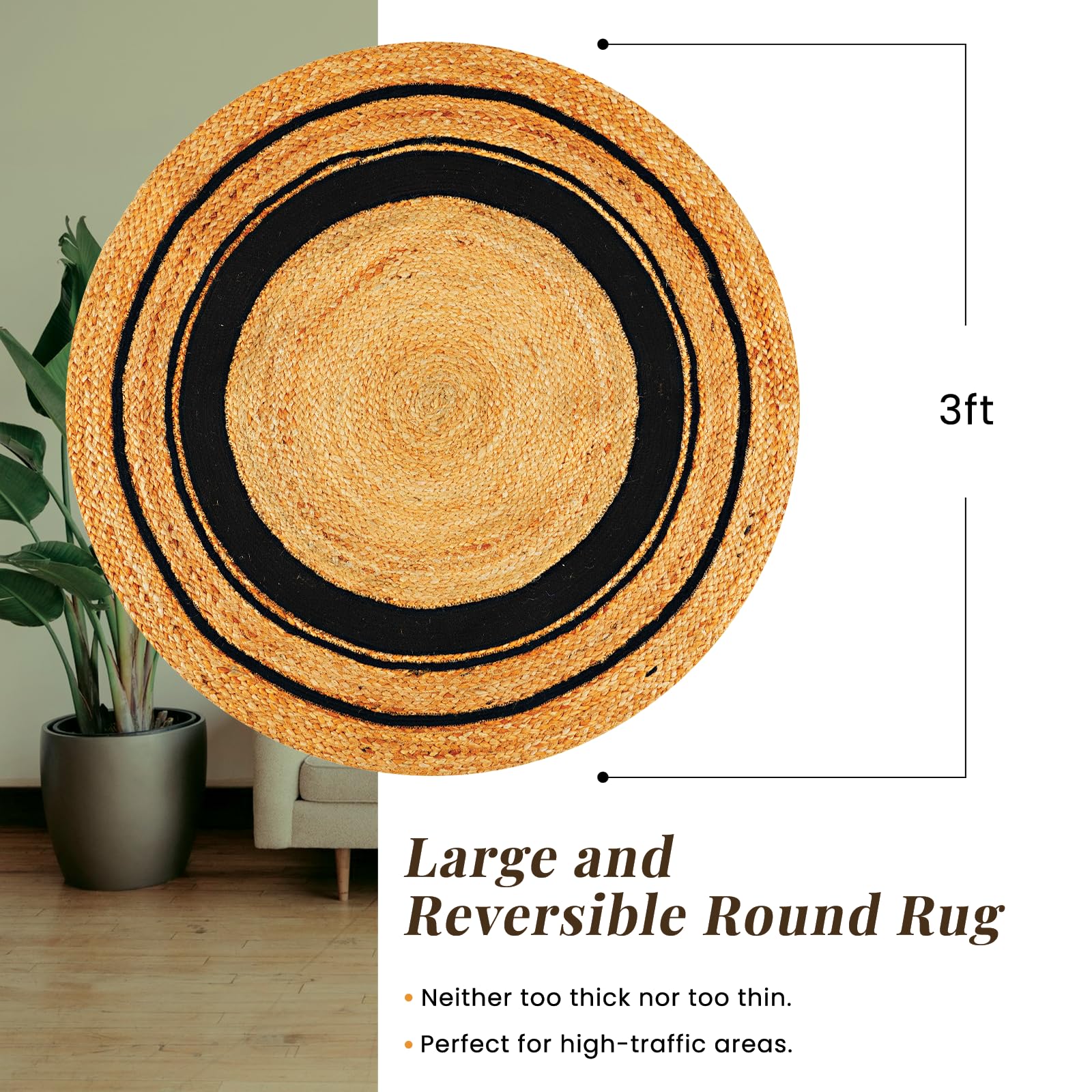 Tepo 3 ft Round Jute Rug - 100% Natural Braided Handwoven Area Rug for Kitchen, Living Room, Bedroom - Rustic Beige Home Decor | Perfect for Boho, Farmhouse & Coastal Style Interiors