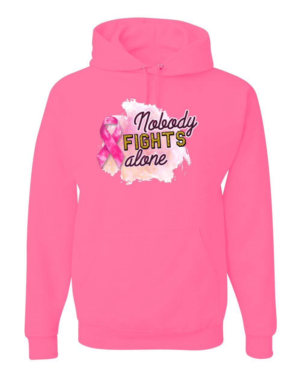 Wild Bobby Nobody Fights Alone Watercolor Sparkles Breast Cancer Awareness Unisex Graphic Hoodie Sweatshirt - Comfortable & Stylish Cancer Support Apparel for Men & Women - Perfect for Fundraising Events, Survivor Gatherings & Everyday Wear