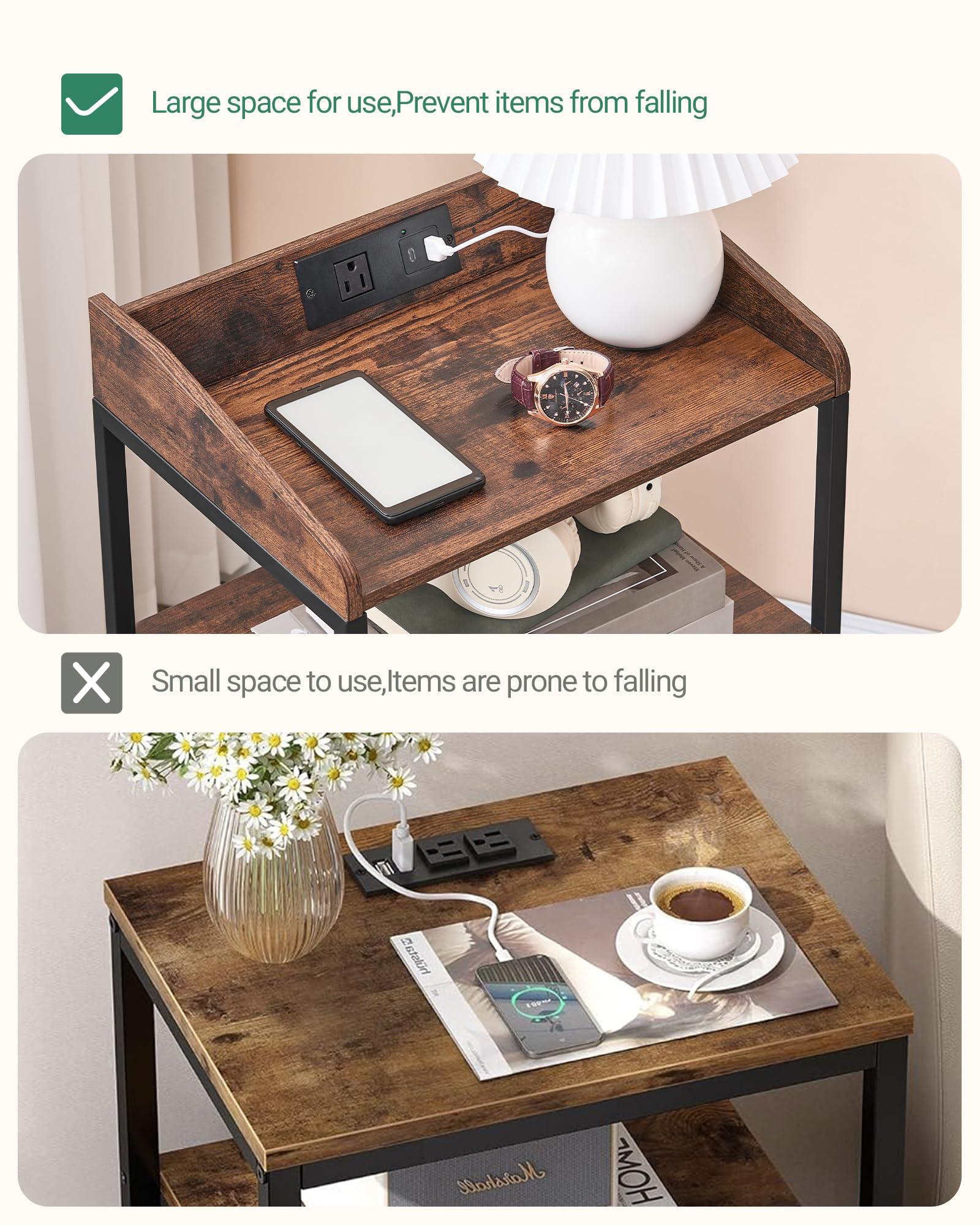 Modern Nightstand with USB Ports & Power Outlets - Rustic Brown End Table with Storage for Bedroom