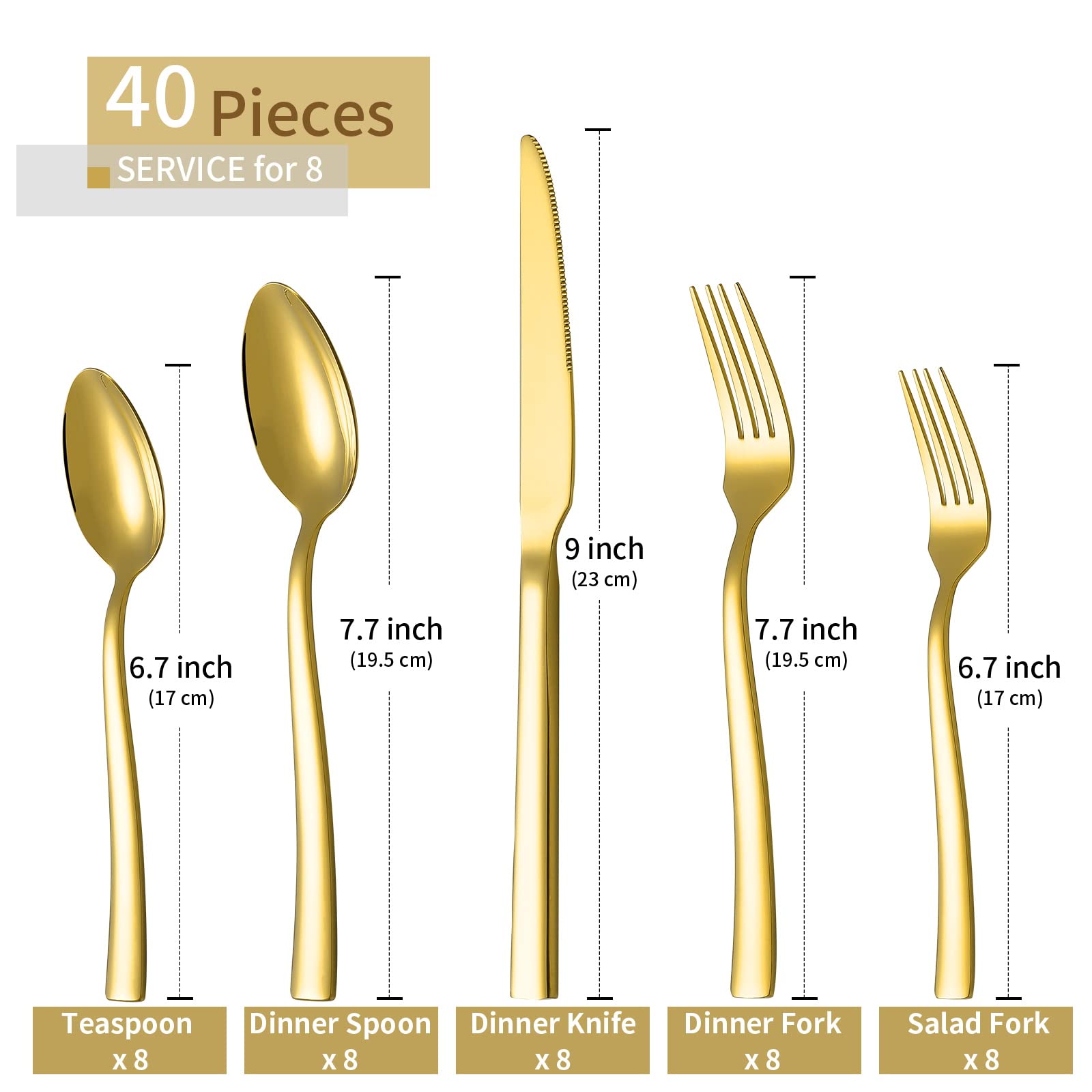 Briout 40-Piece Stainless Steel Flatware Set - Gold Silverware Cutlery for 8, Luxury Square Tableware with Thick Knife Fork Spoon, Mirror Polished - Perfect for Home Kitchen, Restaurant, Wedding & Dinner Parties