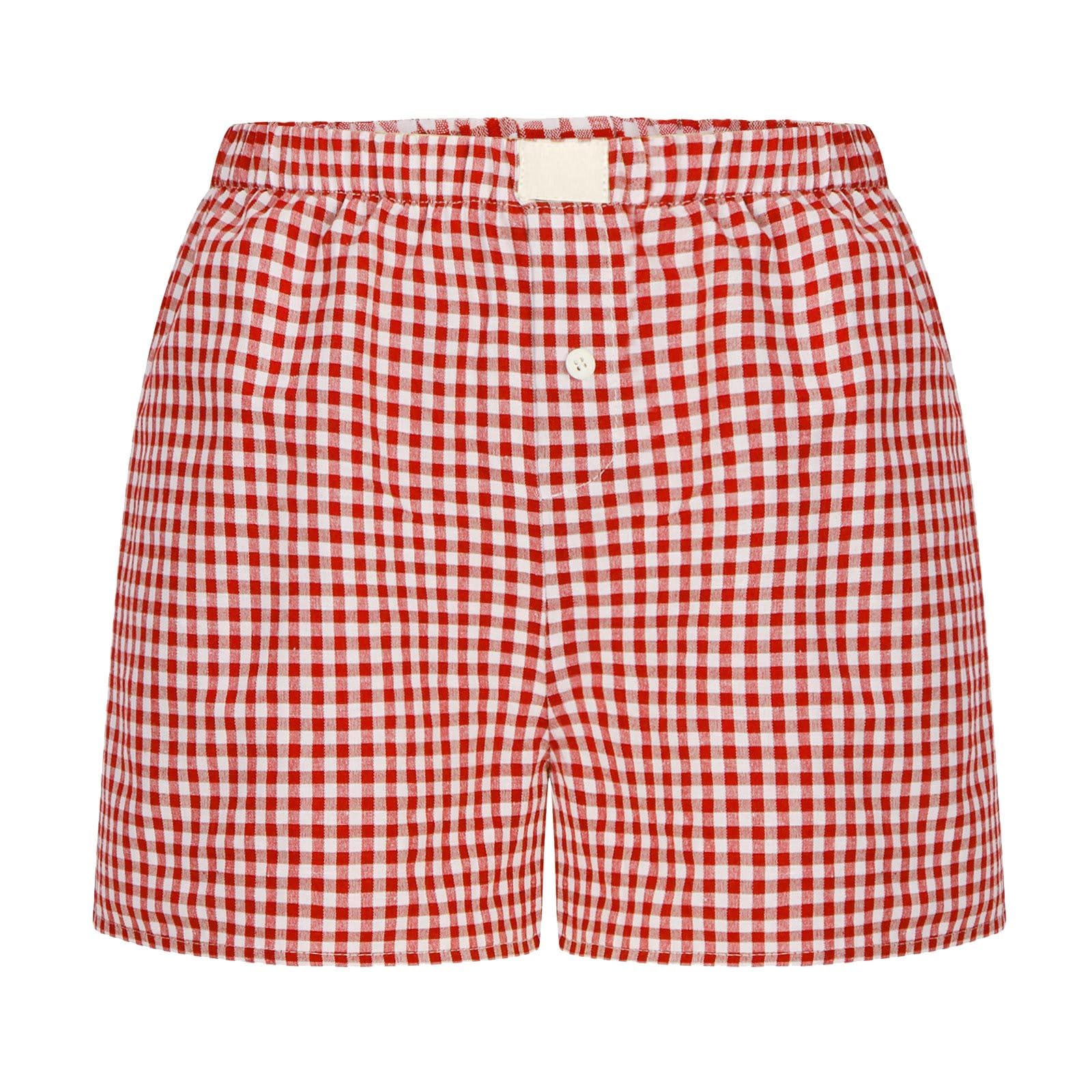 Women's Low Waist Boxer Shorts - Plaid Print Button Front Pajama Bottoms | Y2K Style Gingham Sleep & Lounge Shorts for Comfortable Nightwear and Relaxation at Home