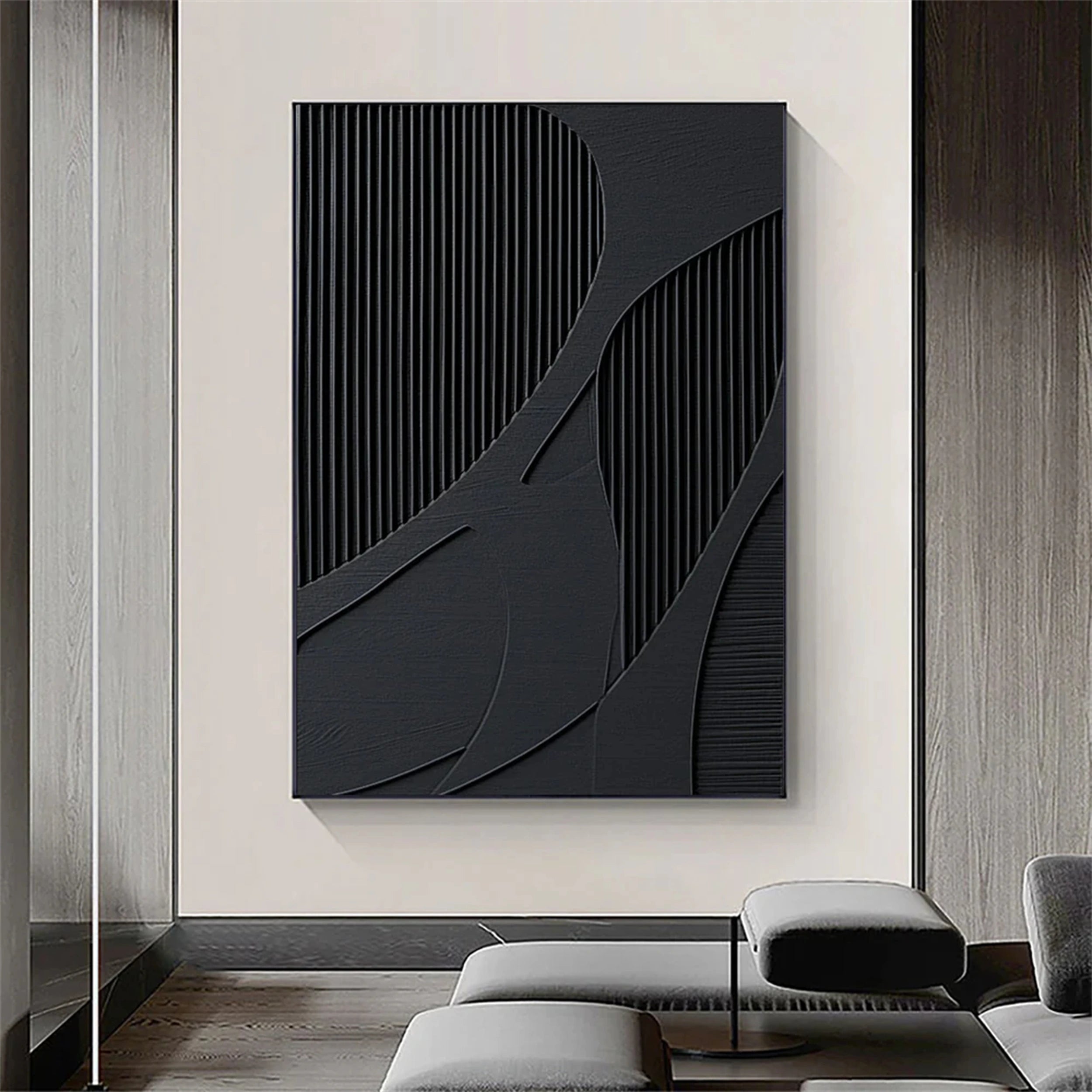 Black Plaster Art Minimalist Textured Painting - Modern Abstract Wall Decor for Living Room, Bedroom & Office | #MZ034
